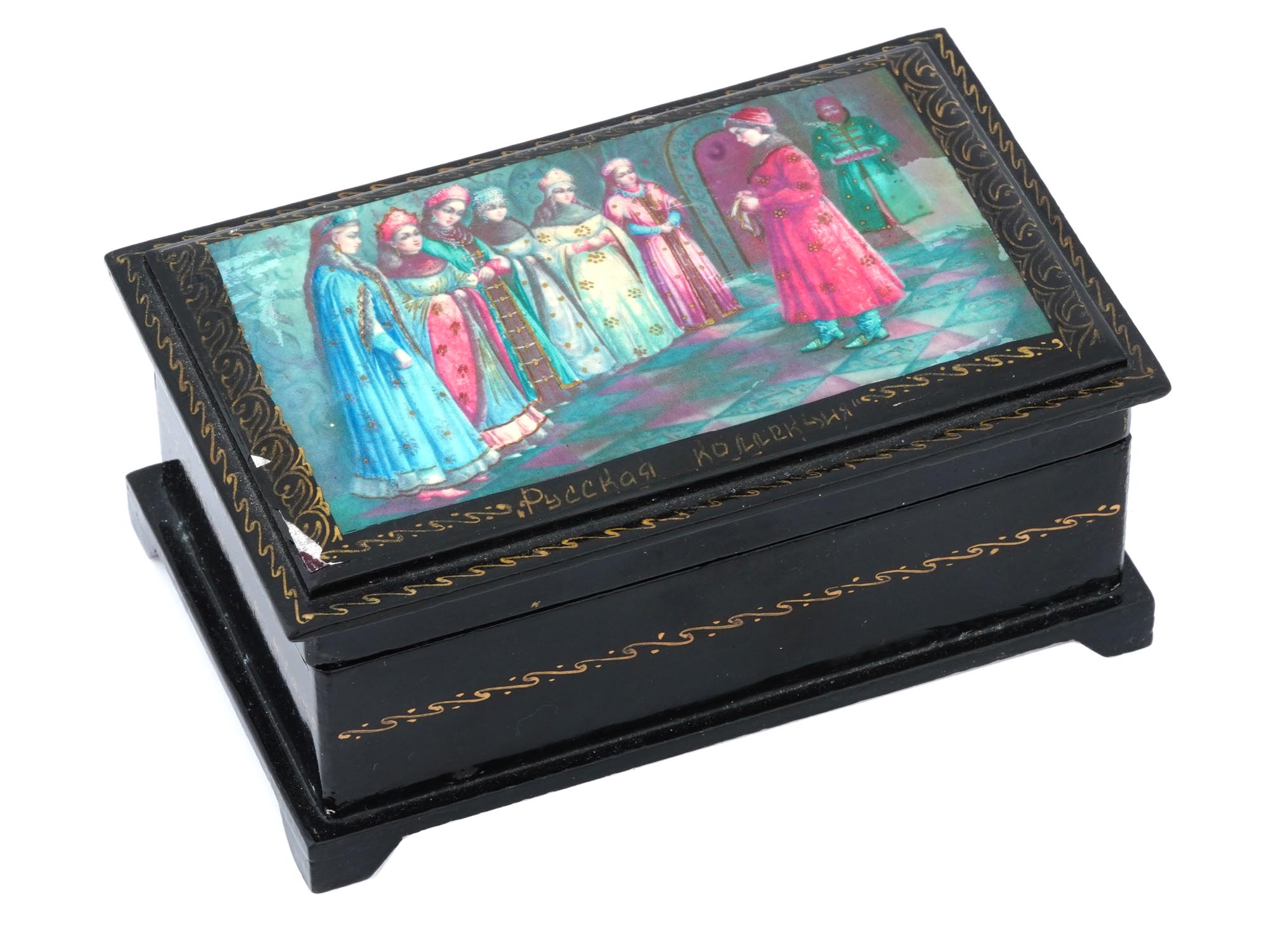 RUSSIAN HAND PAINTED WOODEN MUSIC BOX W PAINTING PIC-0