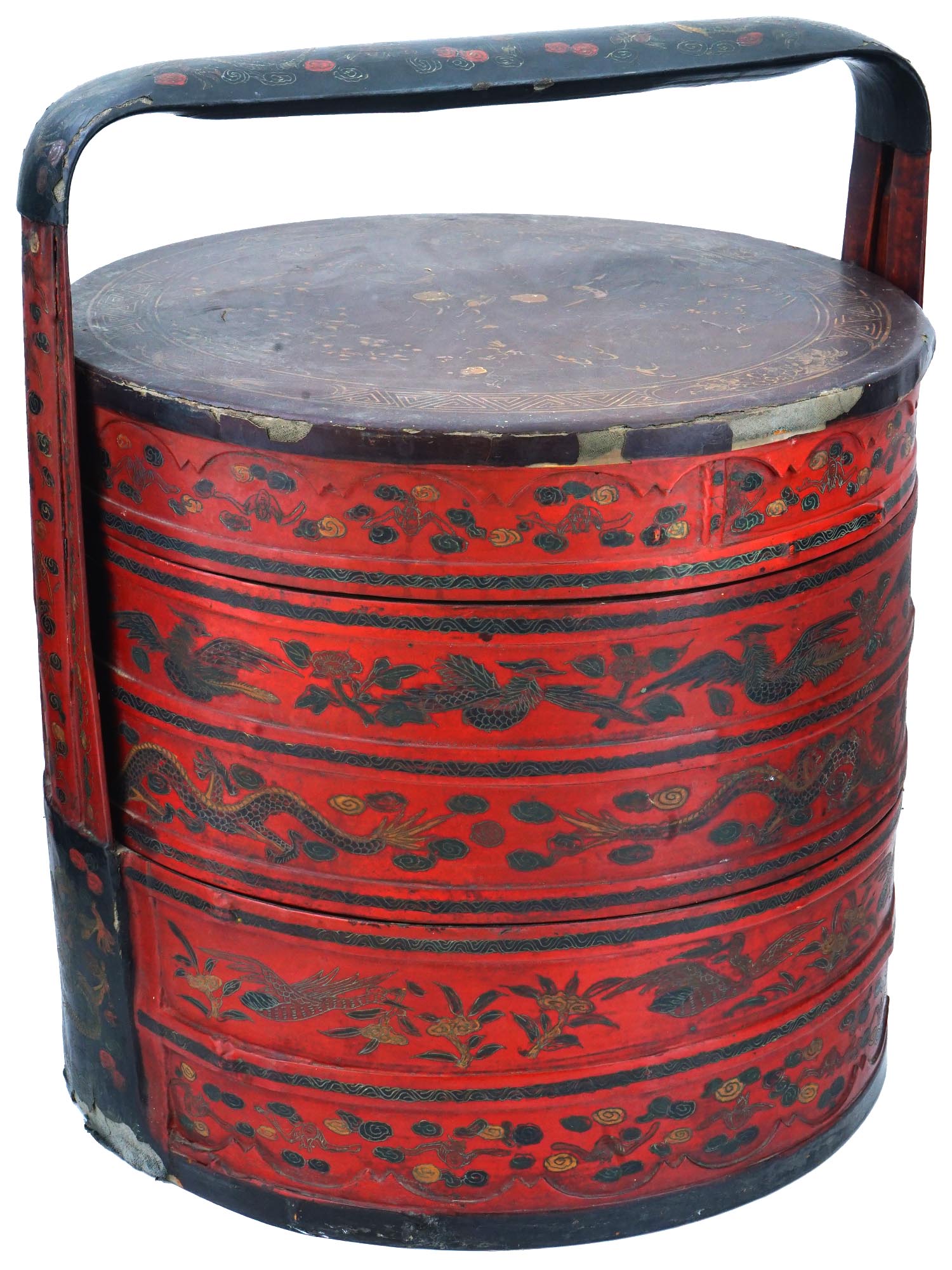 ANTIQUE CHINESE QING RED LACQUER WEDDING BASKET PIC-0