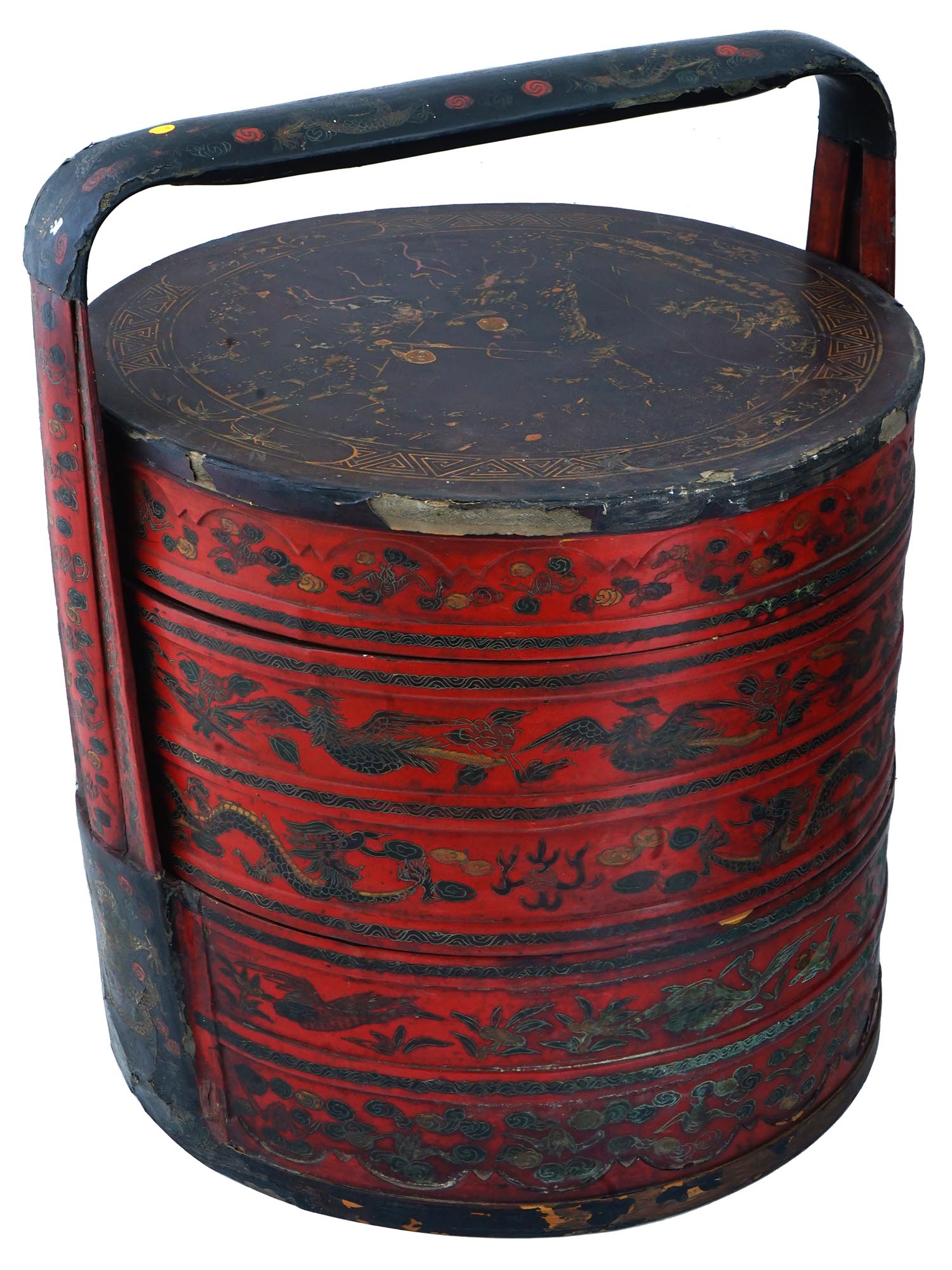 ANTIQUE CHINESE QING RED LACQUER WEDDING BASKET PIC-0