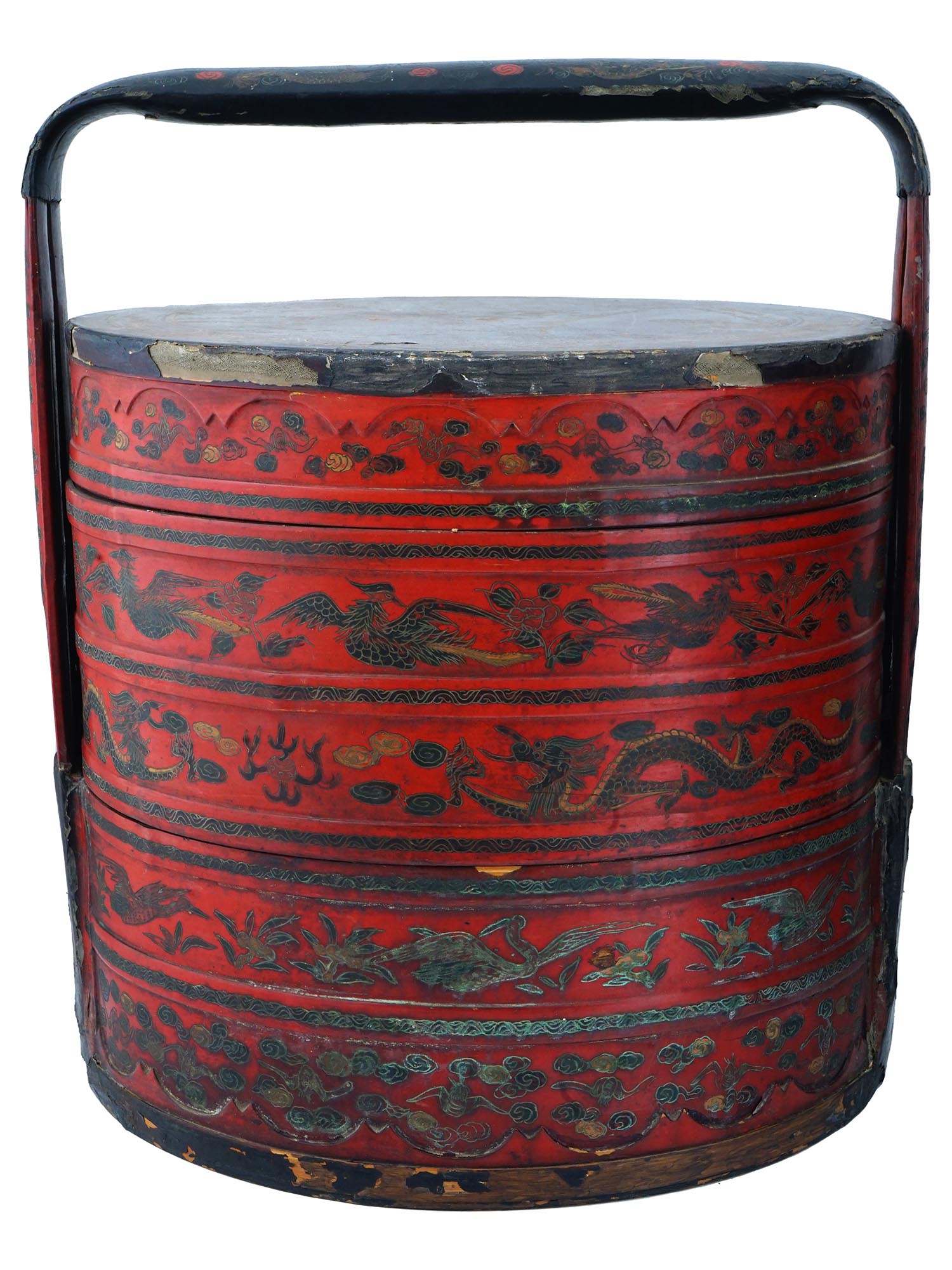 ANTIQUE CHINESE QING RED LACQUER WEDDING BASKET PIC-1