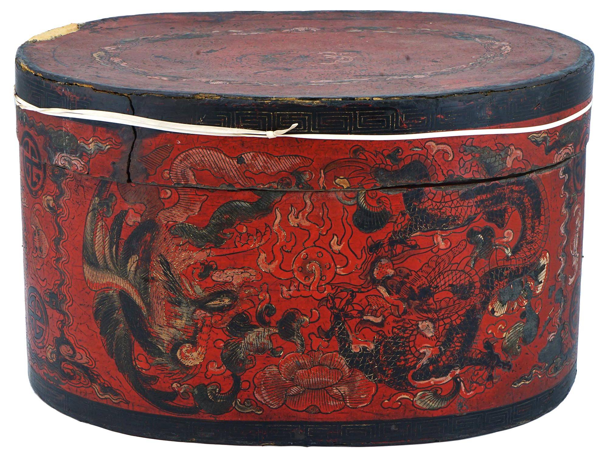 ANTIQUE CHINESE QING RED LACQUER LIDDED HAT BOX PIC-1