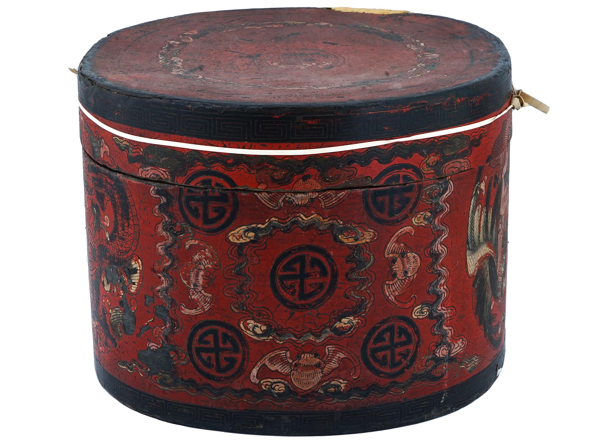 ANTIQUE CHINESE QING RED LACQUER LIDDED HAT BOX PIC-2