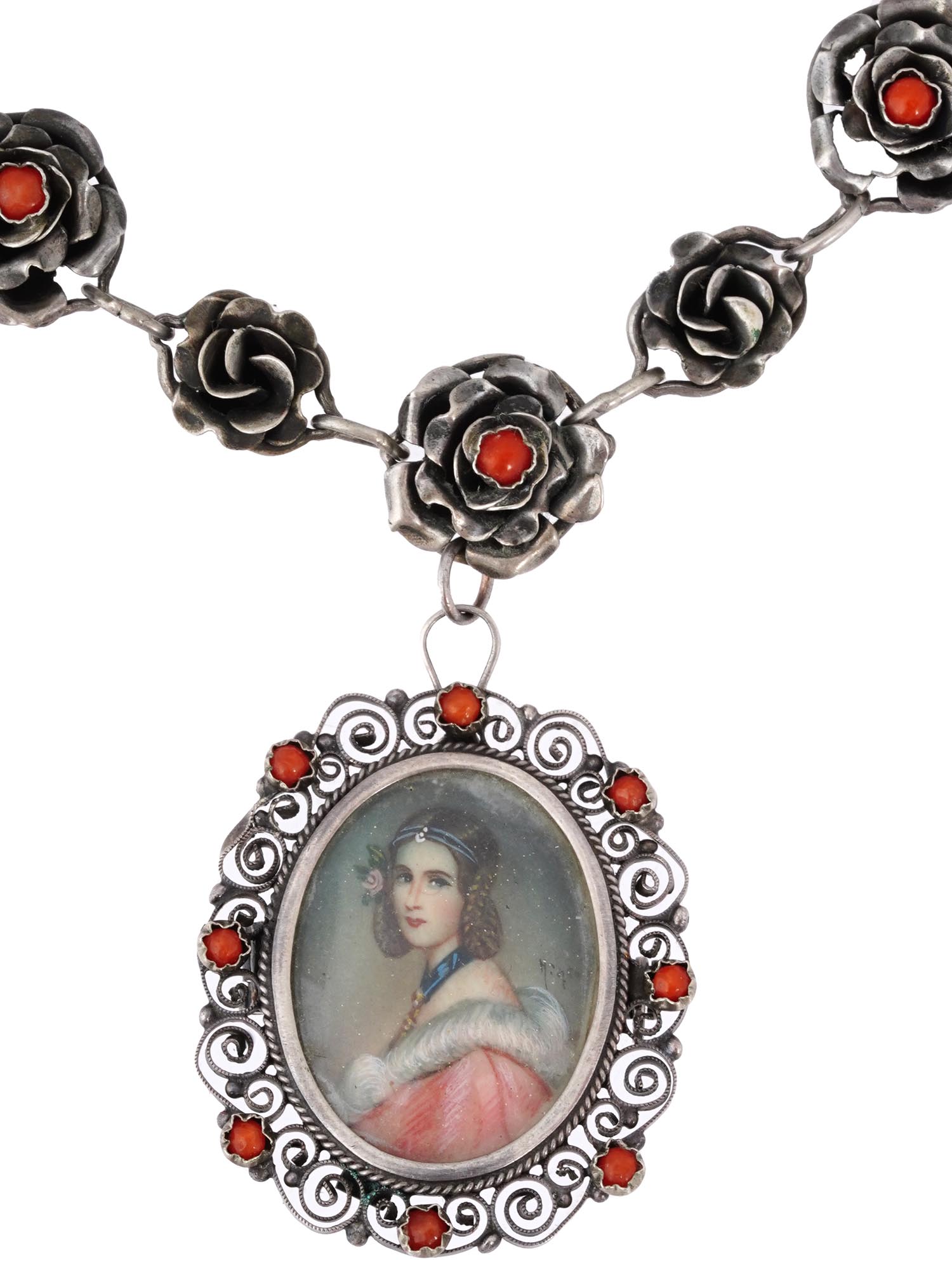 VINTAGE SILVER CORAL PENDANT WITH MINIATURE PORTRAIT PIC-3