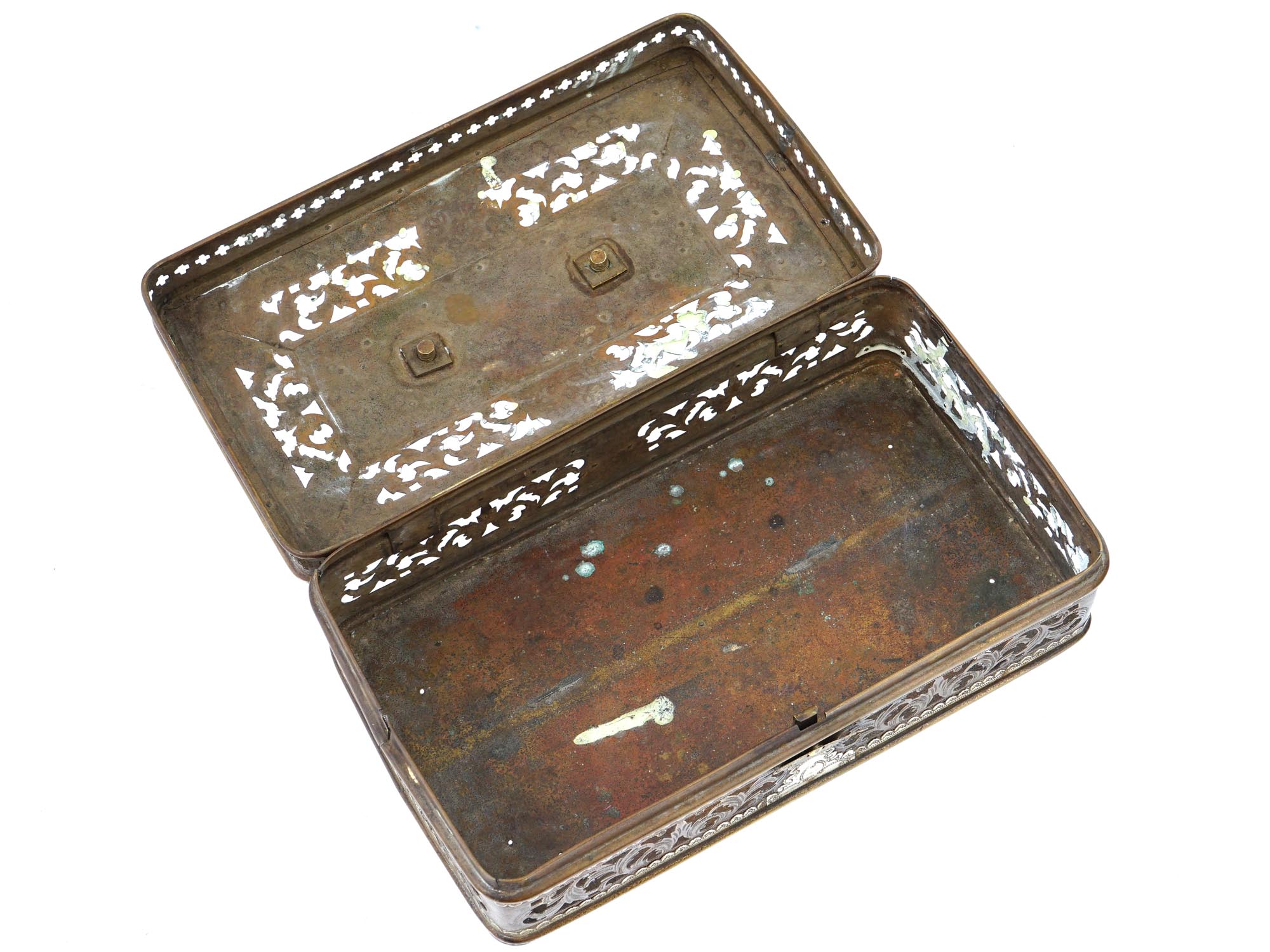 ANTIQUE INDIAN PIERCED DESIGN BRASS BOX WITH INLAYS PIC-1