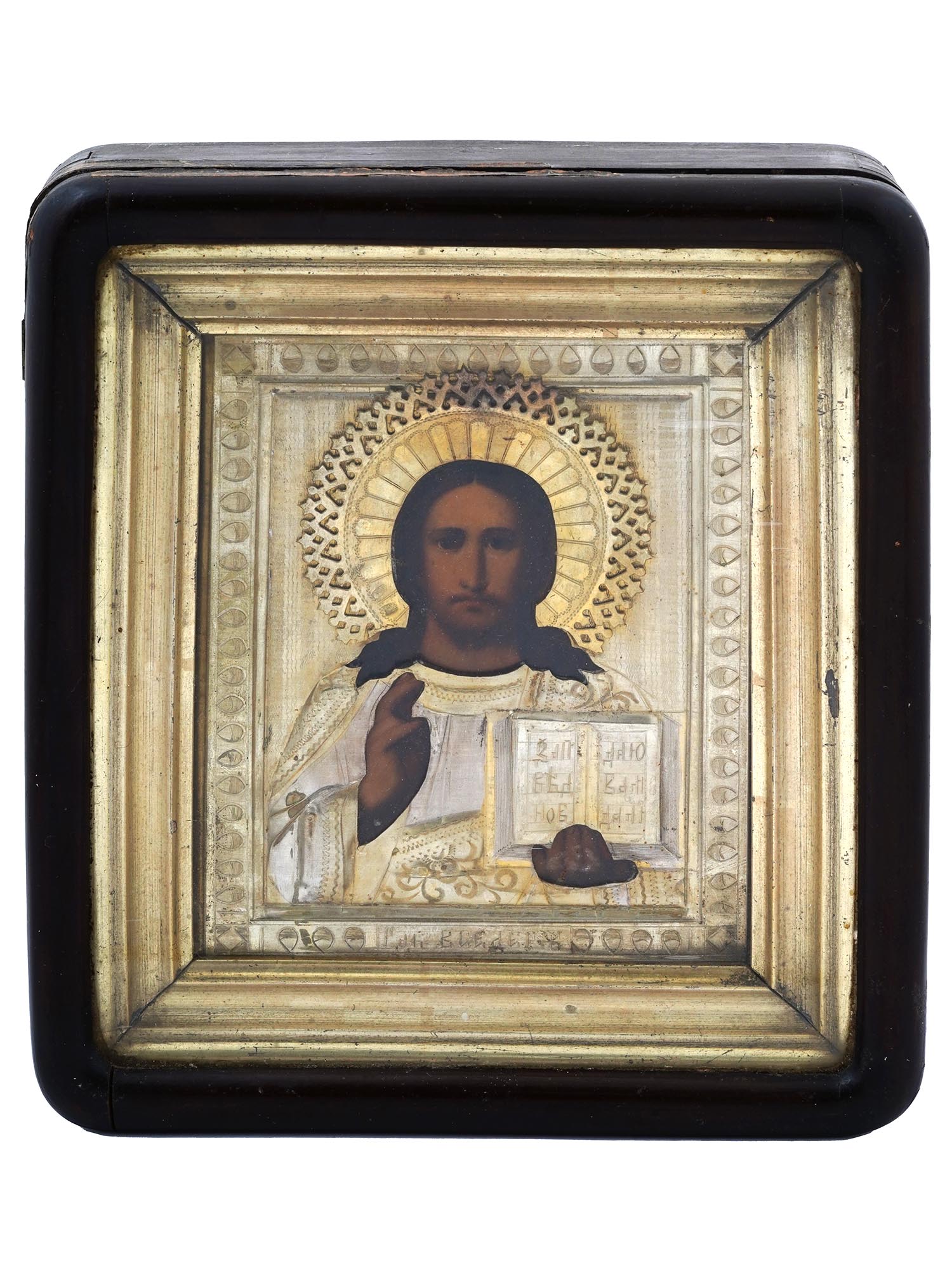 ANTIQUE RUSSIAN ICON OF CHRIST IN SILVER RIZA AND KIOT PIC-0