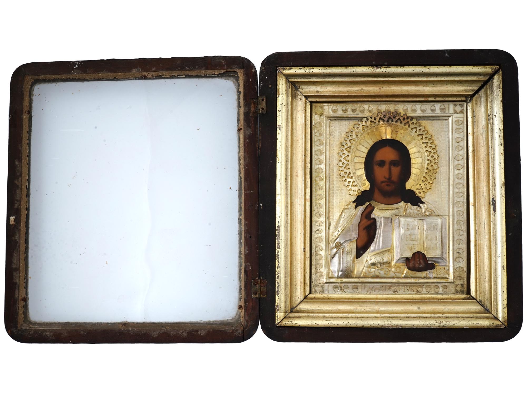 ANTIQUE RUSSIAN ICON OF CHRIST IN SILVER RIZA AND KIOT PIC-1