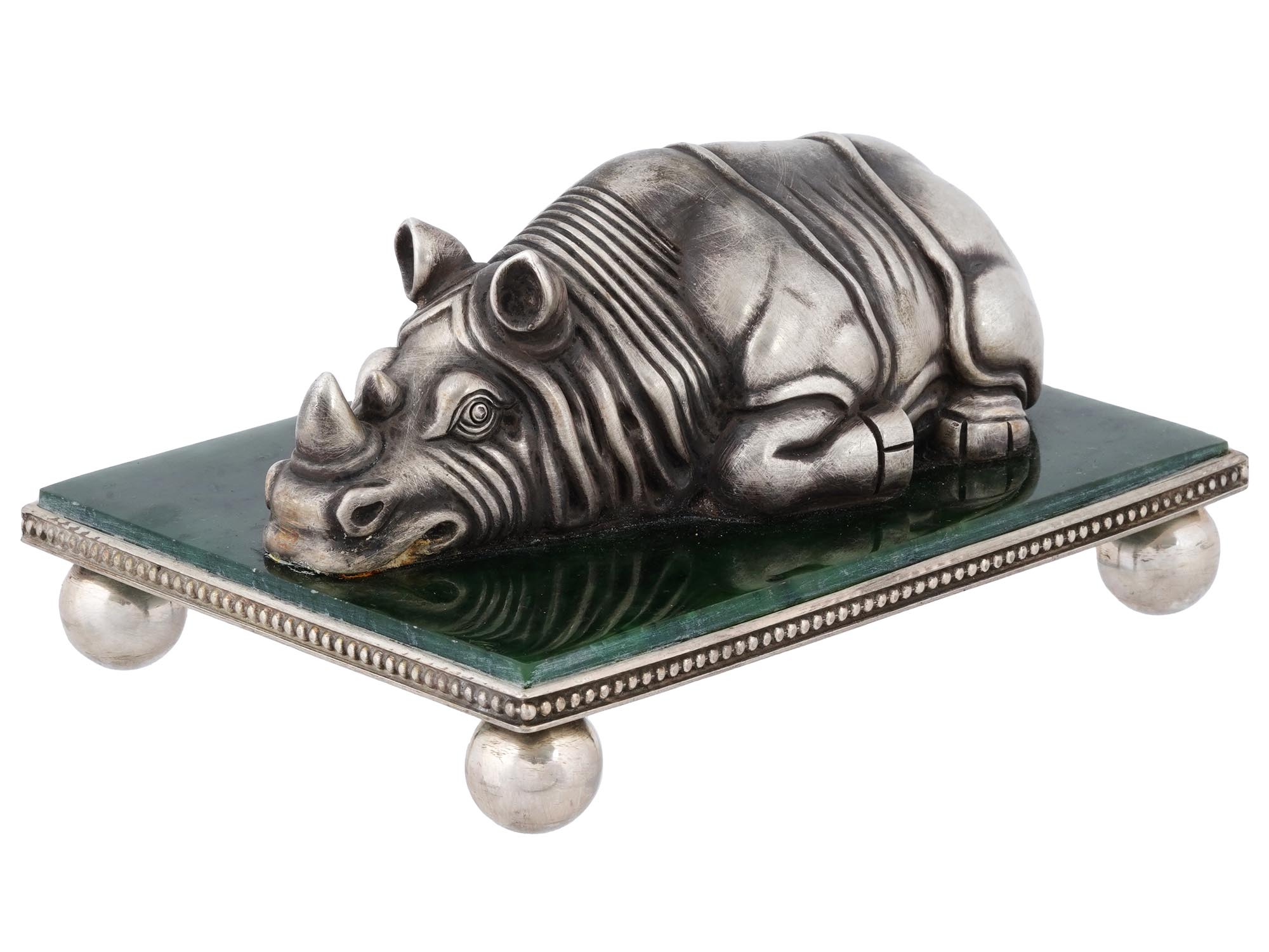 RUSSIAN SILVER AND JADE STONE FIGURINE OF A RHINO PIC-0