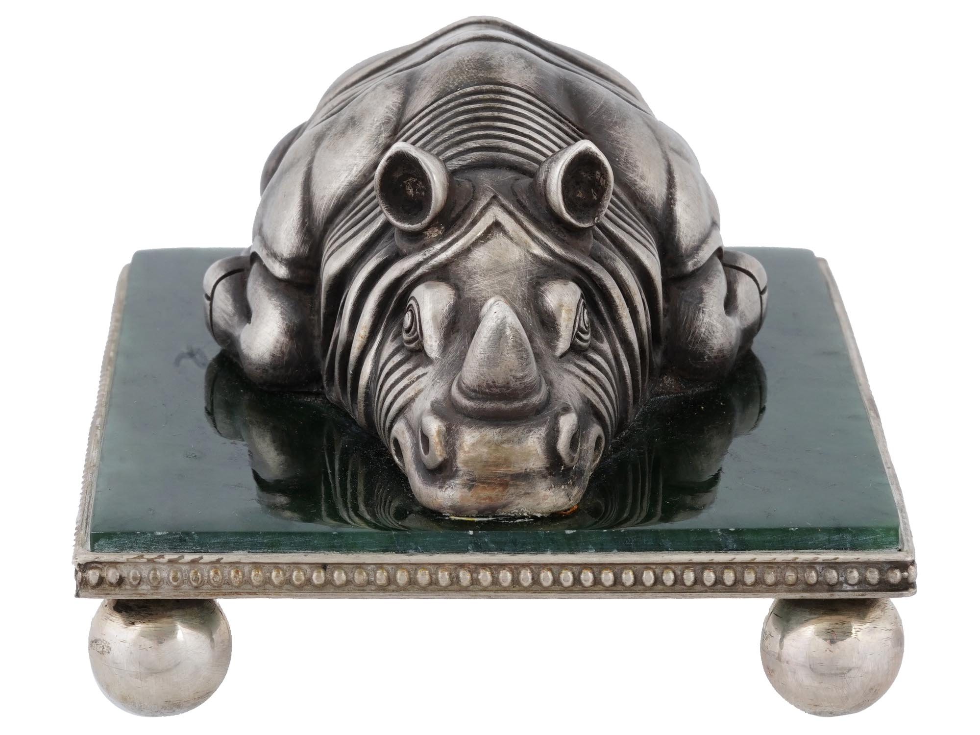 RUSSIAN SILVER AND JADE STONE FIGURINE OF A RHINO PIC-2