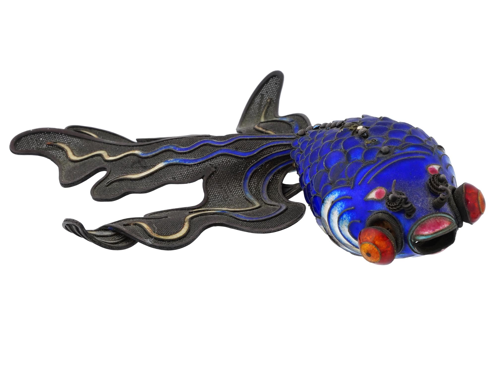 CHINESE FILIGREE SILVER AND ENAMEL BLUE KOI FISH PIC-0