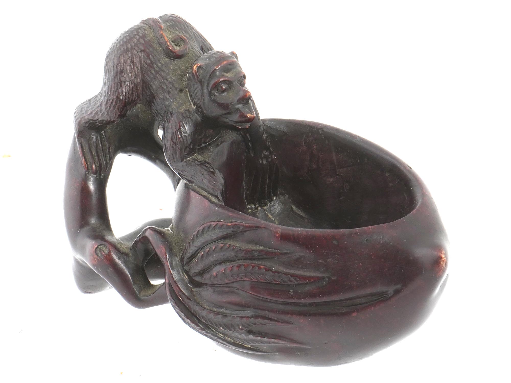 CHINESE STONE CARVED BOWL POT W MONKEY FIGURINE PIC-0