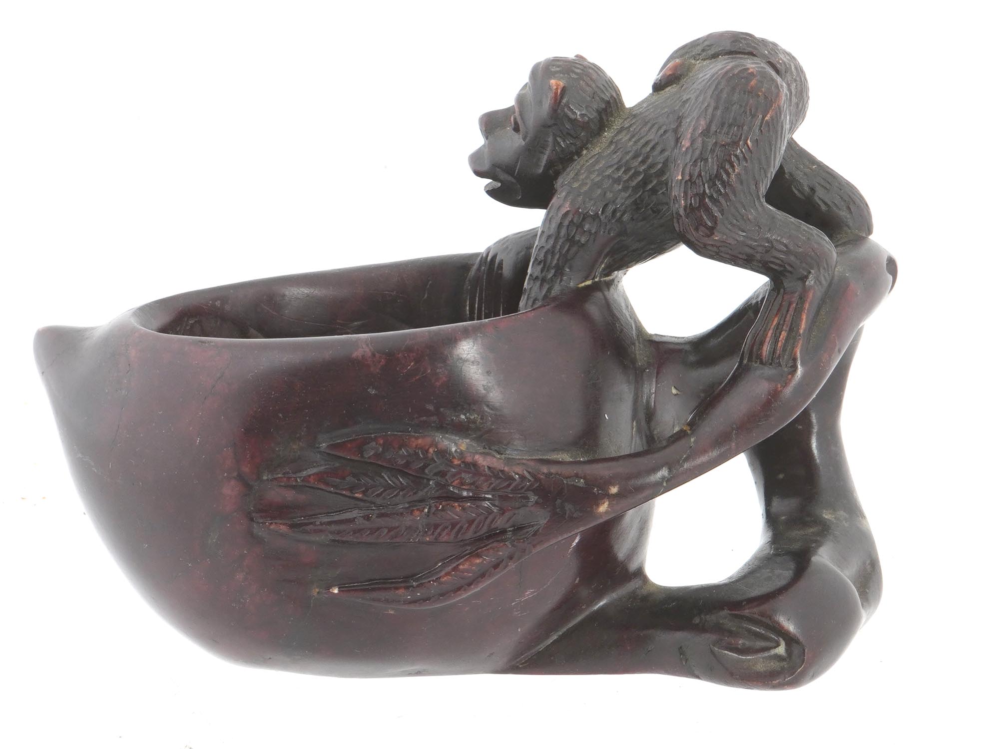 CHINESE STONE CARVED BOWL POT W MONKEY FIGURINE PIC-3