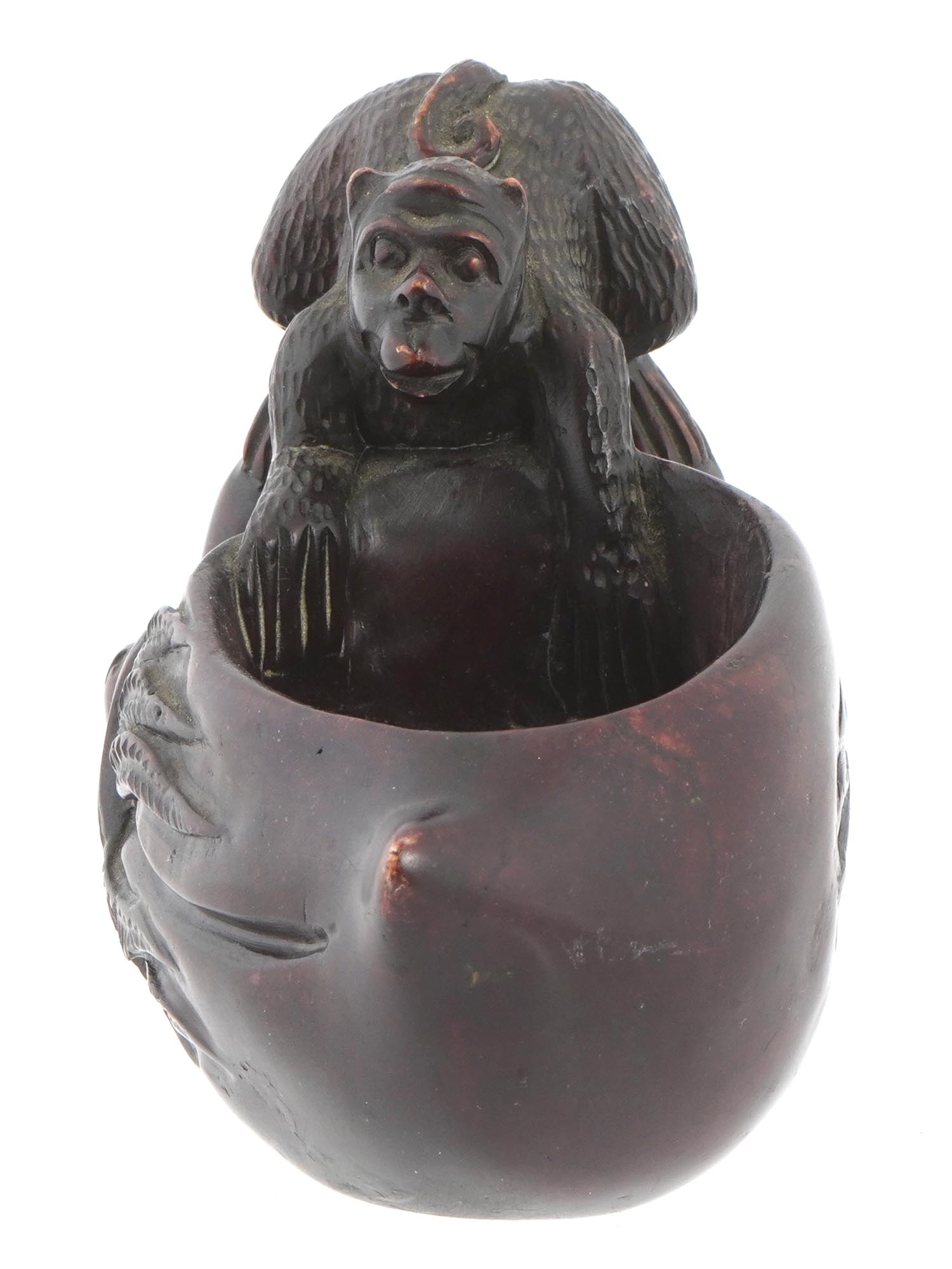 CHINESE STONE CARVED BOWL POT W MONKEY FIGURINE PIC-2