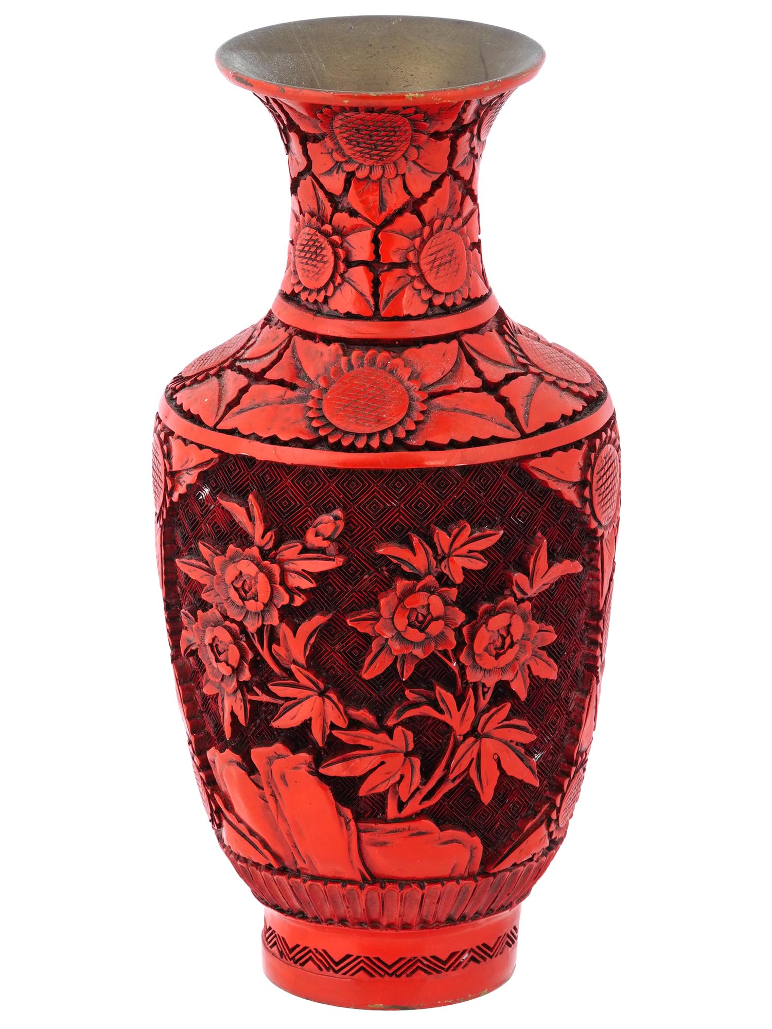 VINTAGE CHINESE CINNABAR LACQUER FLORAL MOTIF VASE PIC-0