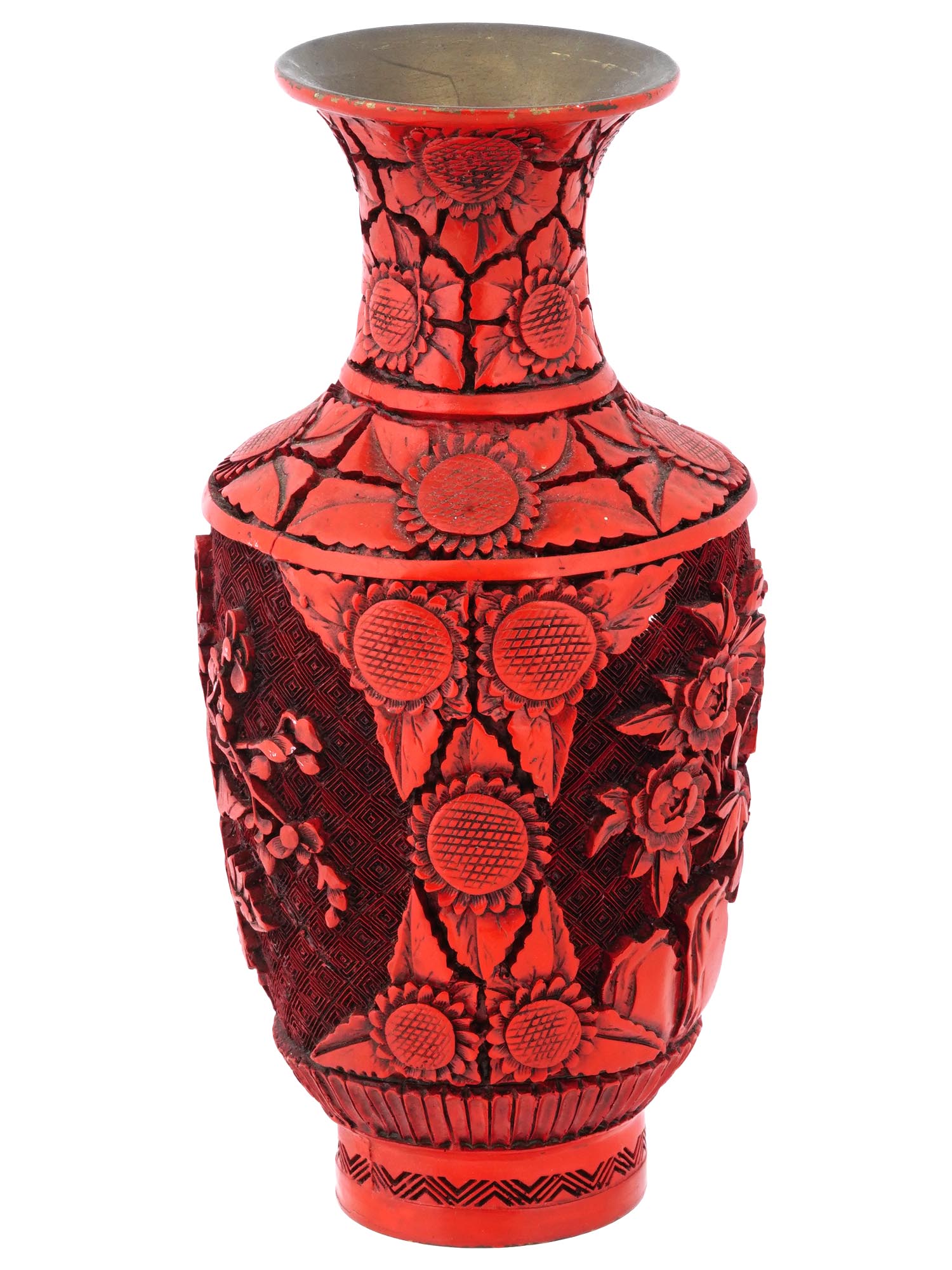 VINTAGE CHINESE CINNABAR LACQUER FLORAL MOTIF VASE PIC-3