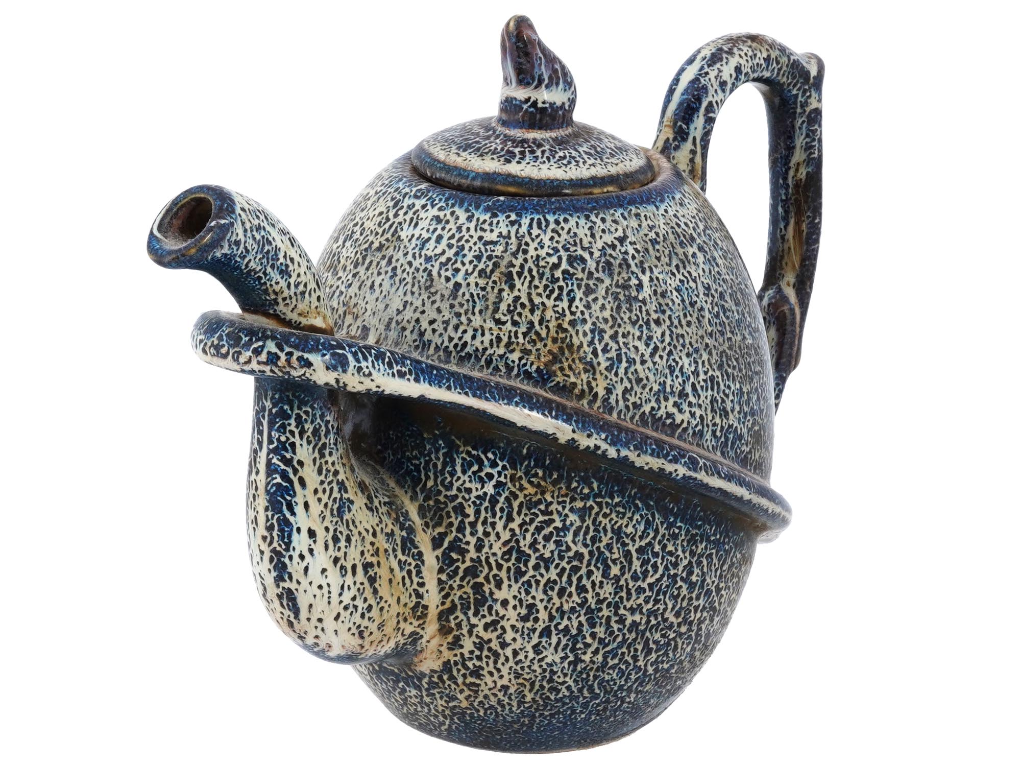 VINTAGE CHINESE CERAMIC GLAZED BEIGE BLUE TEAPOT PIC-1