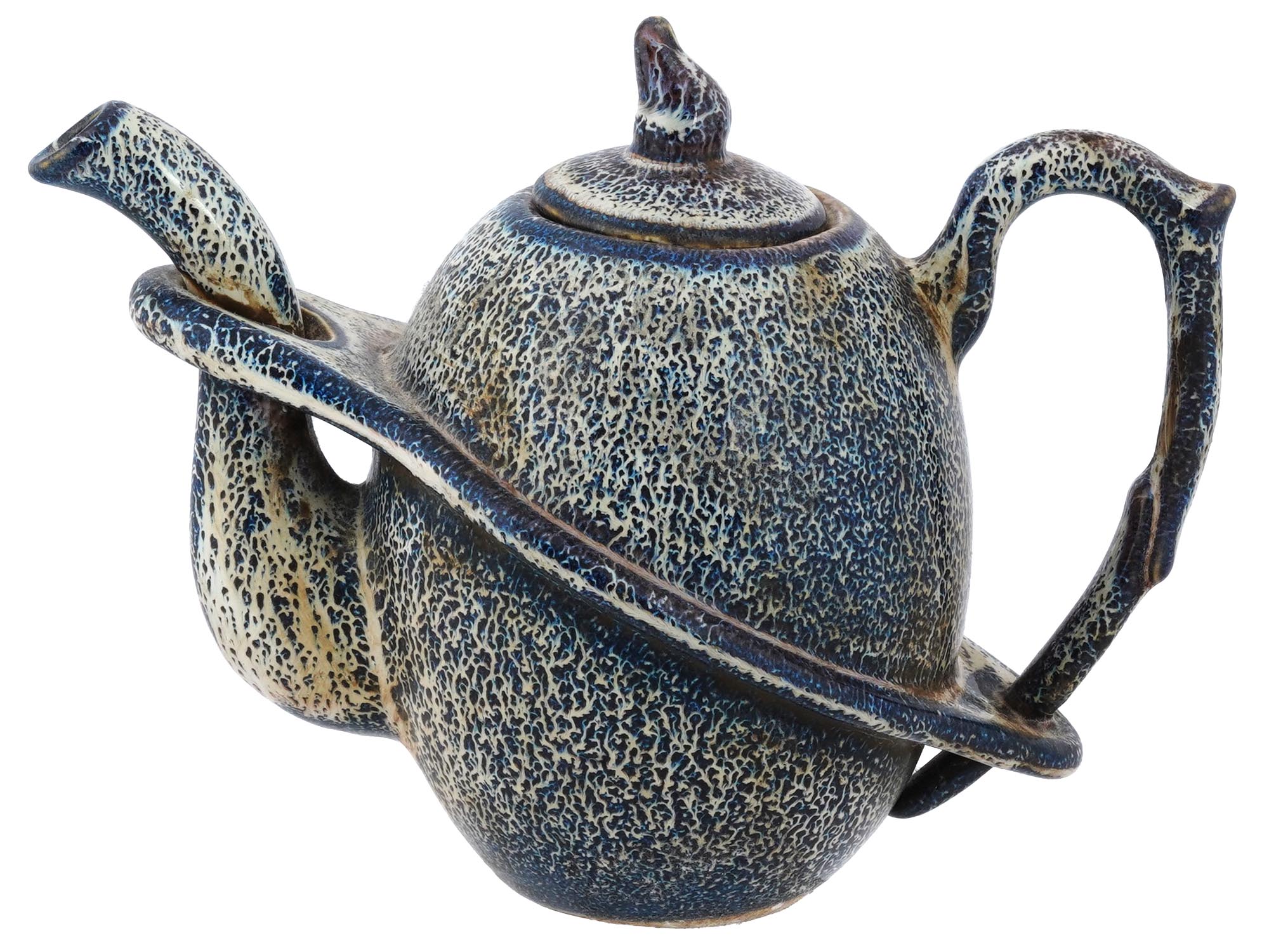 VINTAGE CHINESE CERAMIC GLAZED BEIGE BLUE TEAPOT PIC-0