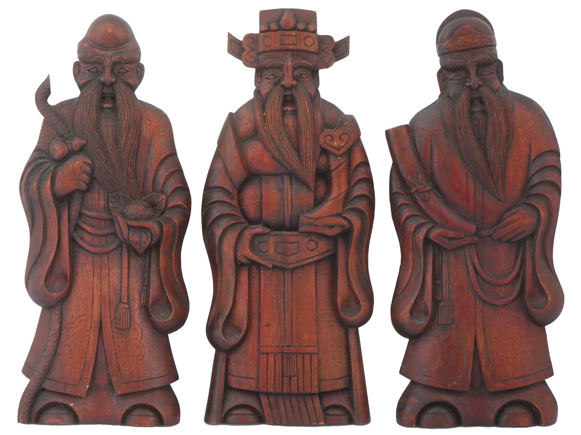 CHINESE WOOD CARVED SET OF FU LU SHOU FIGURINES PIC-0