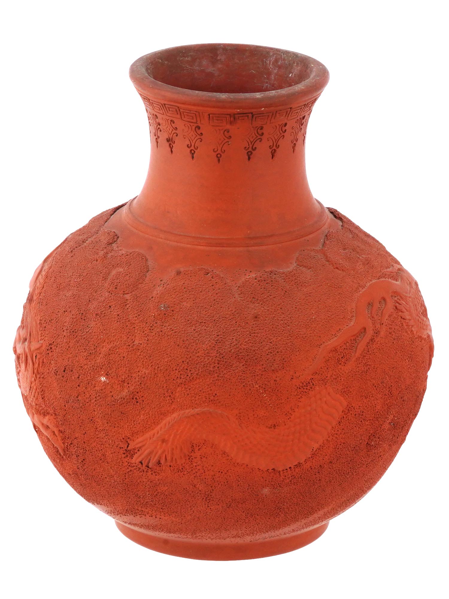 CHINESE HAND CARVED DRAGON DESIGN RED CERAMIC VASE PIC-2