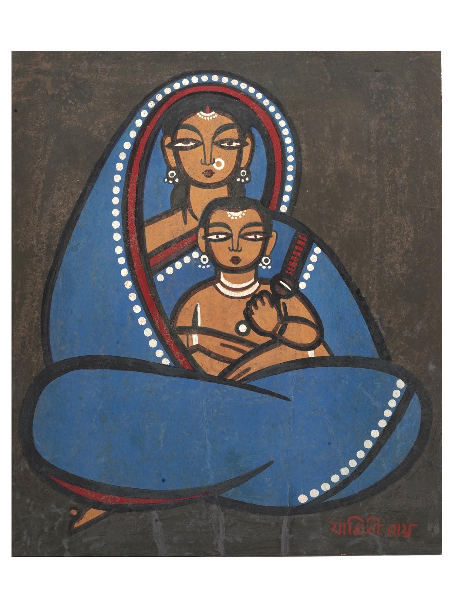 INDIAN OIL PAINTING MOTHER AND CHILD BY JAMINI ROY PIC-0