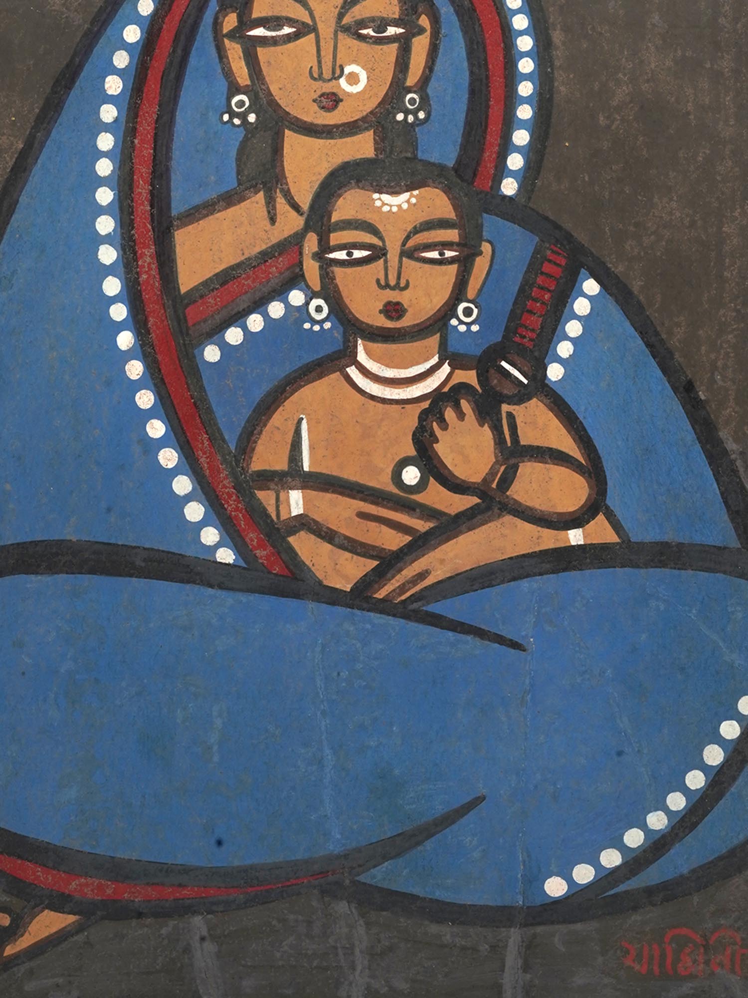 INDIAN OIL PAINTING MOTHER AND CHILD BY JAMINI ROY PIC-3