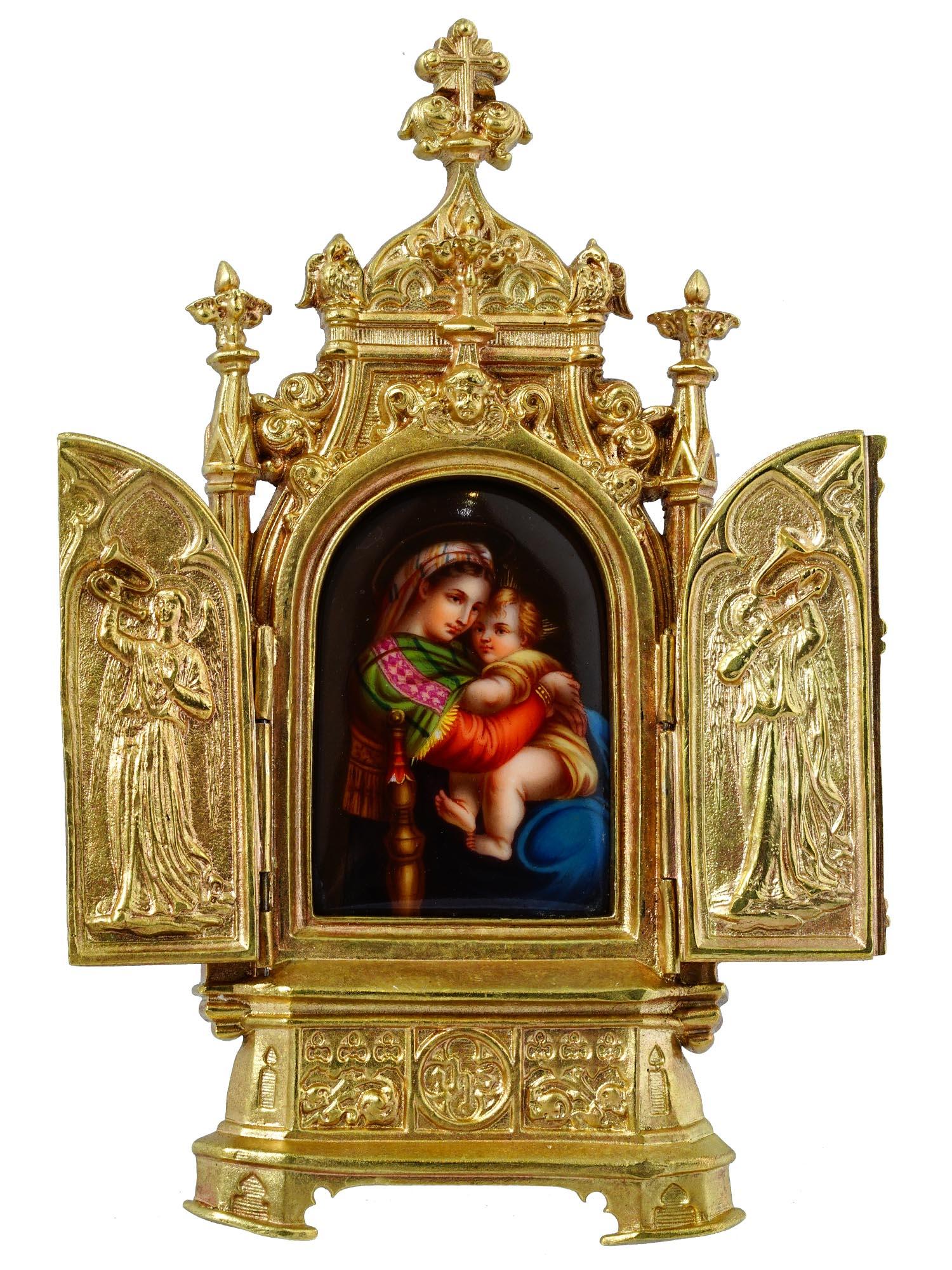 GERMAN BRONZE ALTAR W MADONNA MINIATURE BY RAPHAEL PIC-0