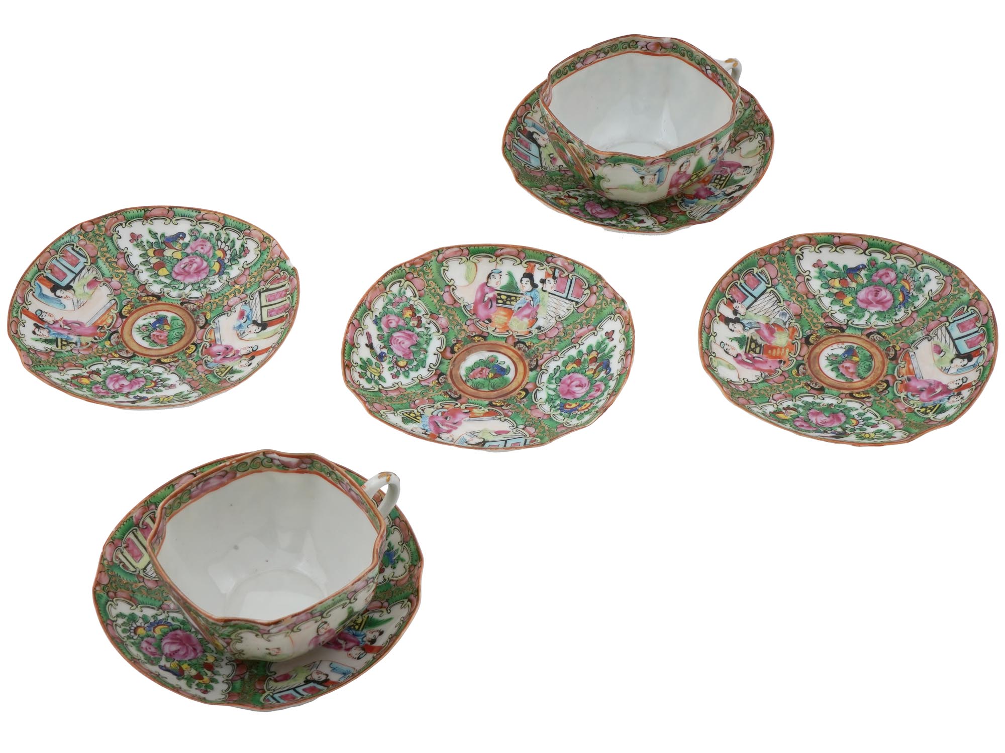 CHINESE PORCELAIN FAMILLE ROSE TEACUPS AND SAUCERS PIC-0