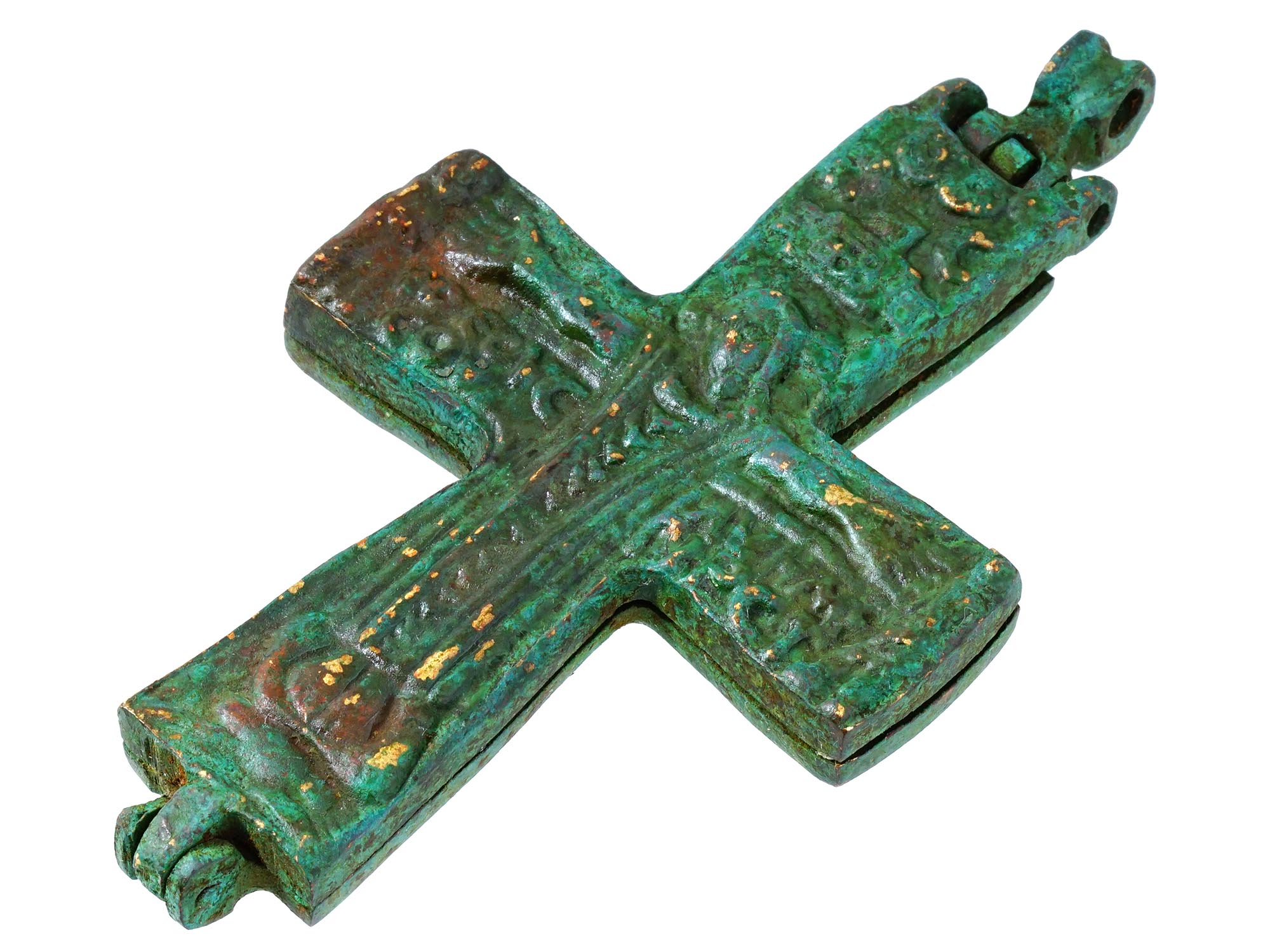 ANTIQUE BYZANTINE CAST BRONZE RELIQUARY CROSS PIC-1