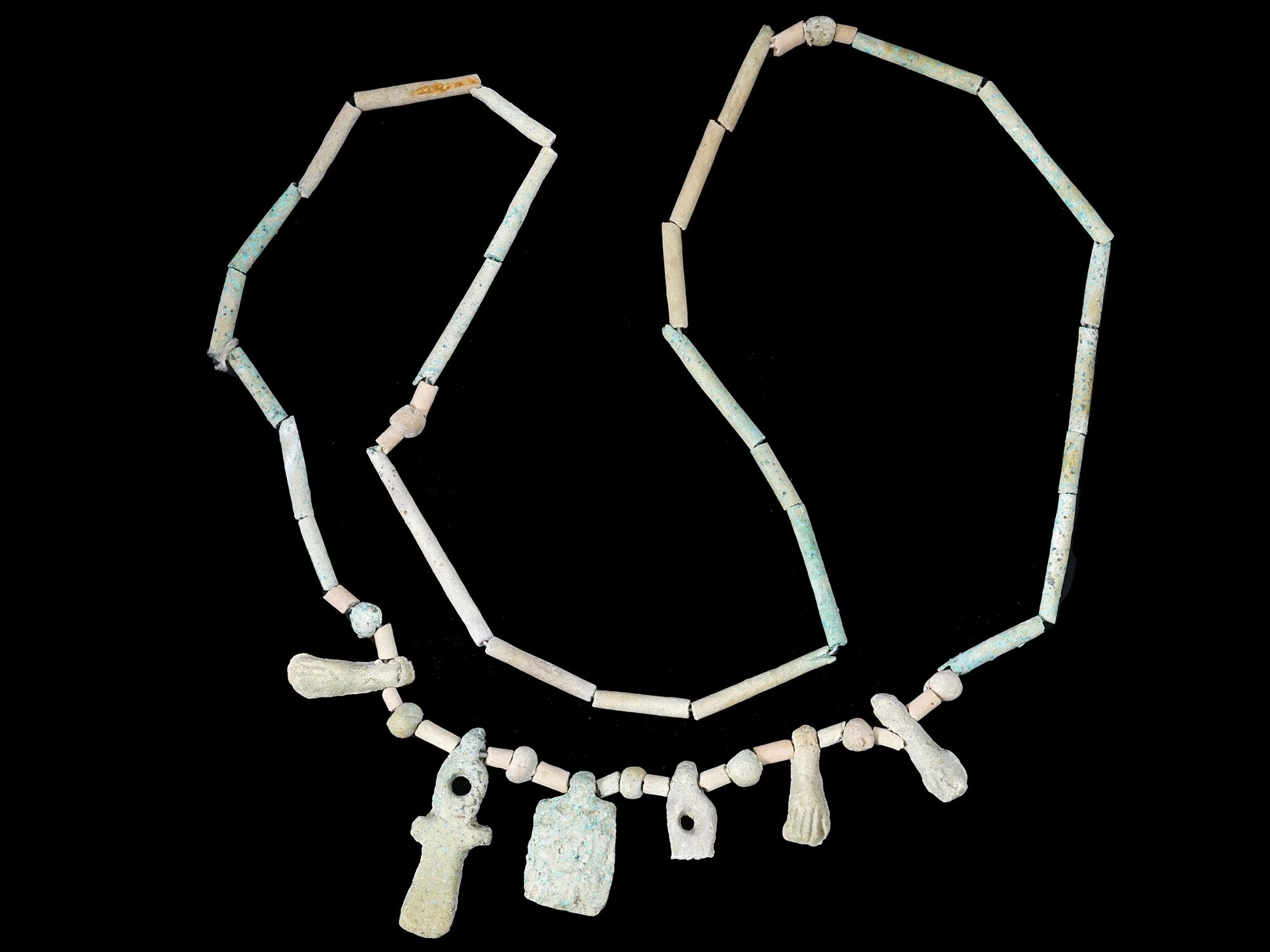 ANCIENT EGYPTIAN FAIENCE BEAD NECKLACE W AMULETS PIC-1