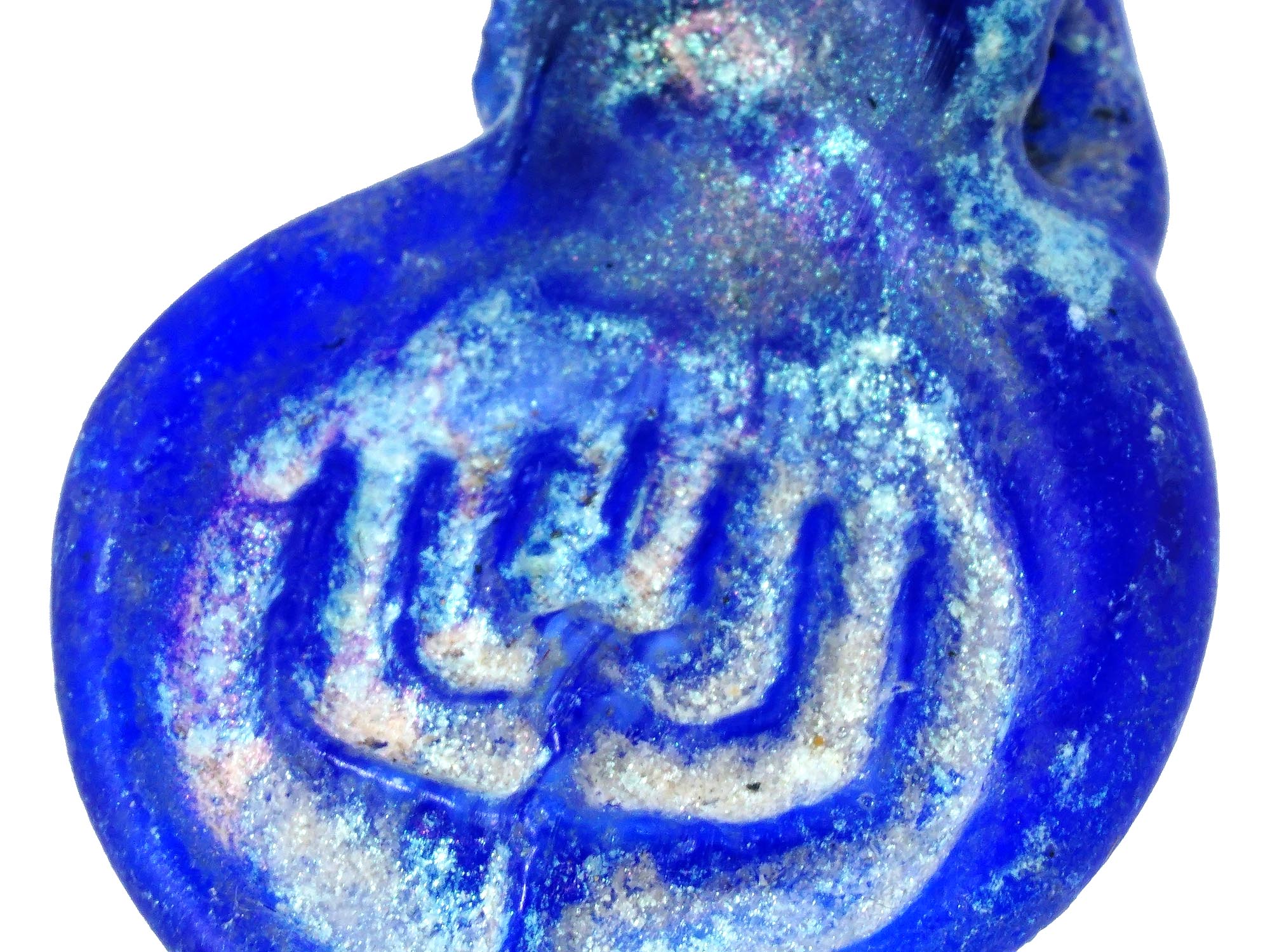 ANCIENT ROMAN COBALT BLUE GLASS PENDANT W MENORAH PIC-5