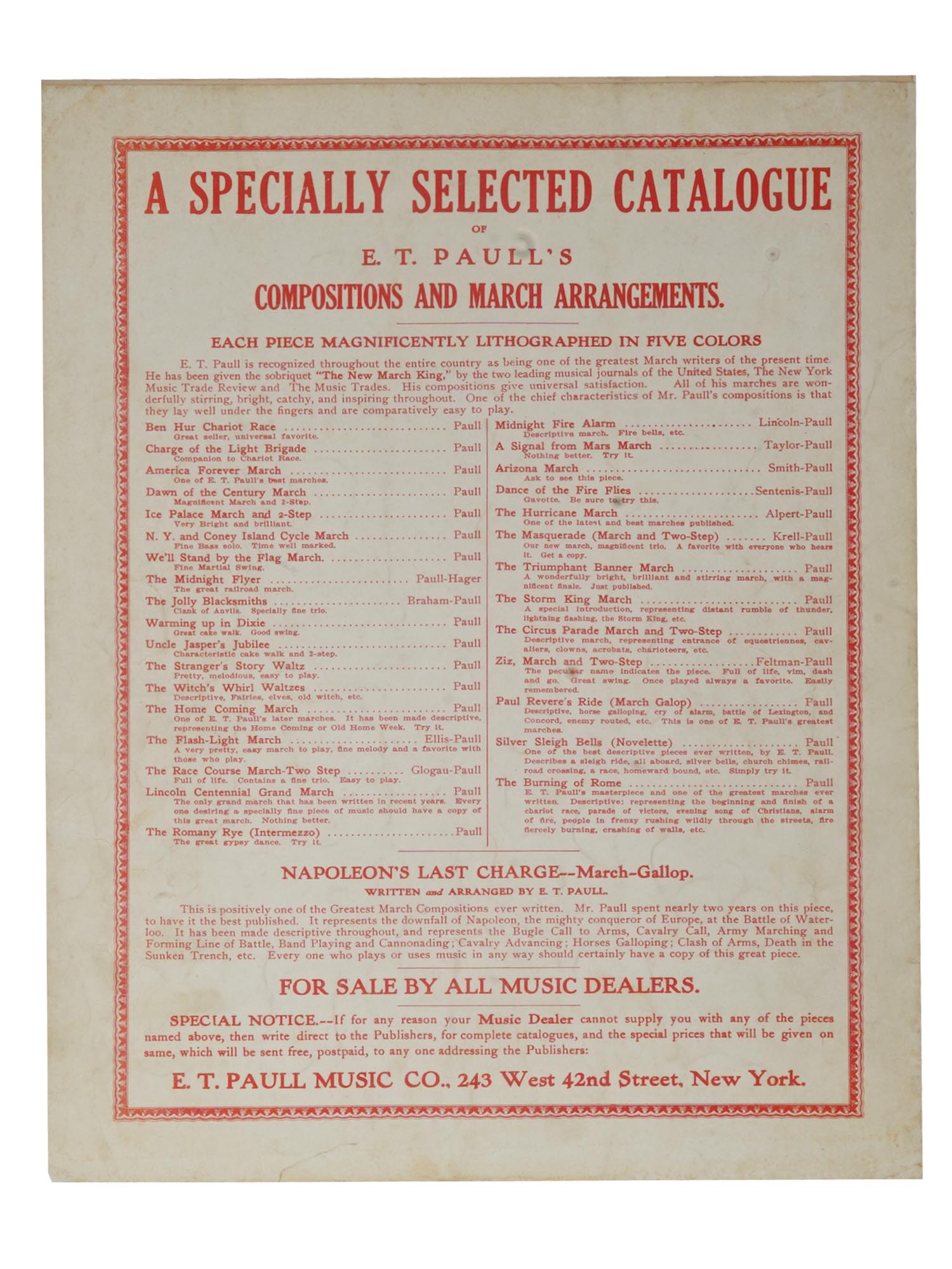 CATALOGUE OF MUSIC COMPOSITIONS SHEET BY E T PAUL PIC-1