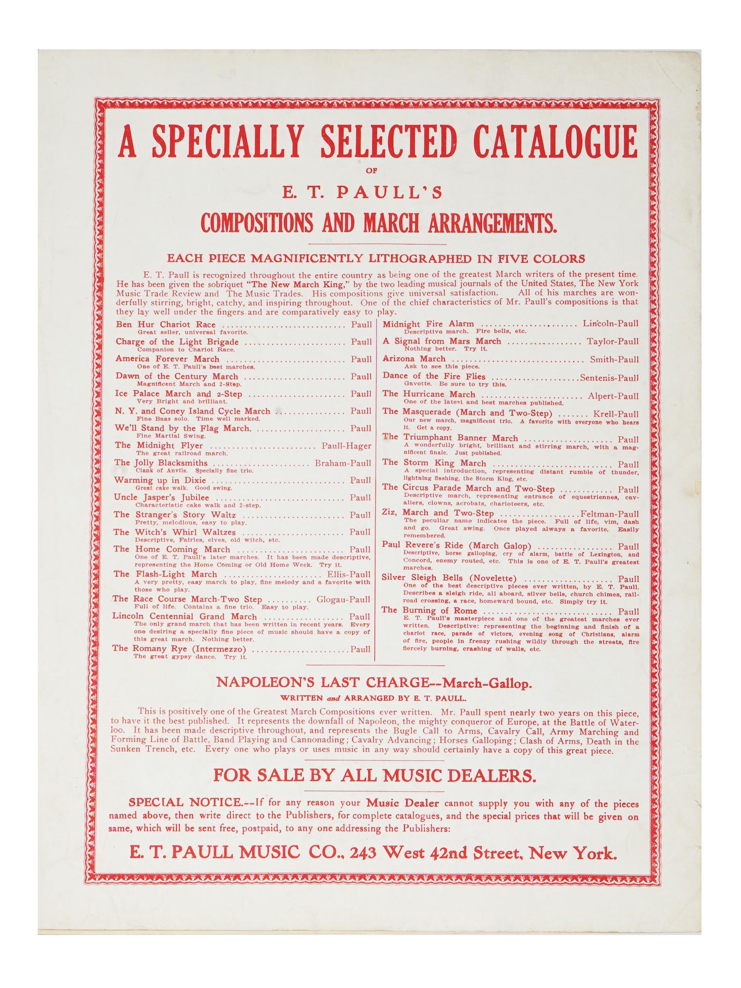 CATALOGUE OF MUSIC COMPOSITIONS SHEET BY E T PAUL PIC-1