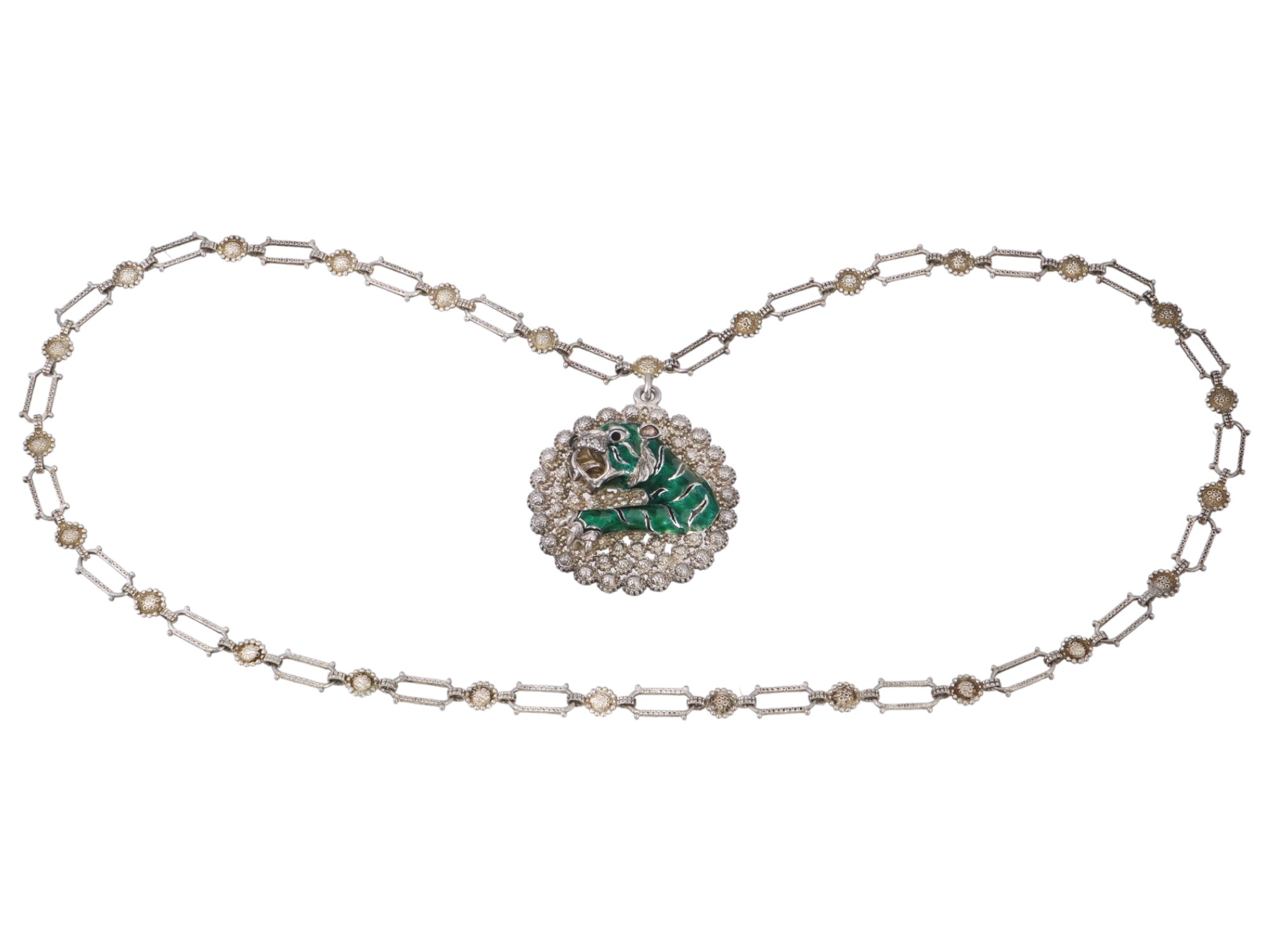 GUCCI STERLING SILVER ENAMEL TIGER LINK NECKLACE PIC-1