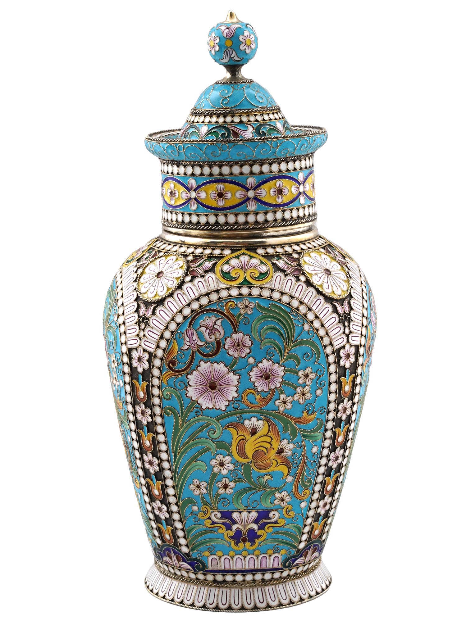 LARGE RUSSIAN SILVER CLOISONNE ENAMEL TEA CADDY PIC-2