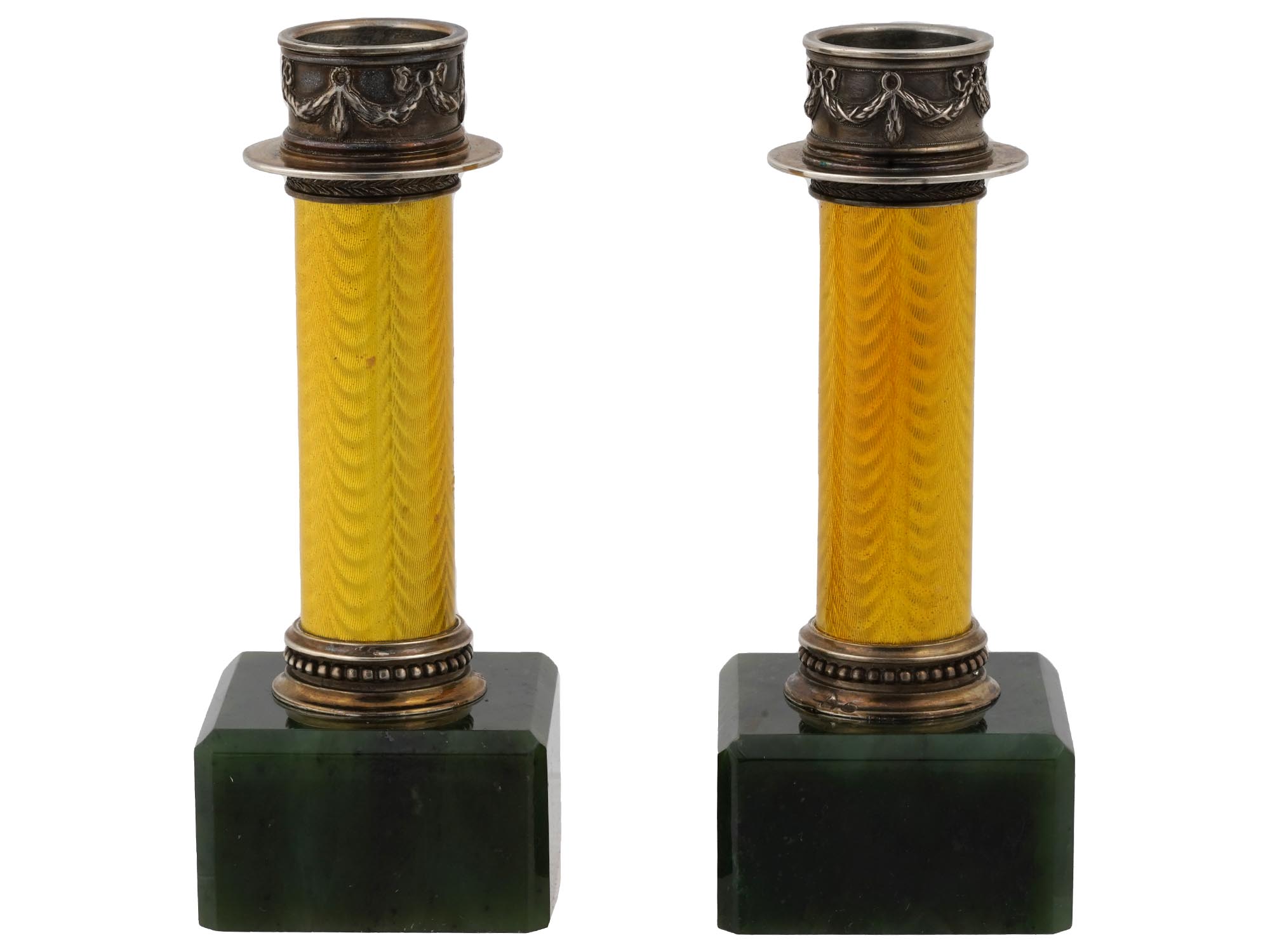 RUSSIAN SILVER GUILLOCHE ENAMEL JADE CANDLESTICKS PIC-2