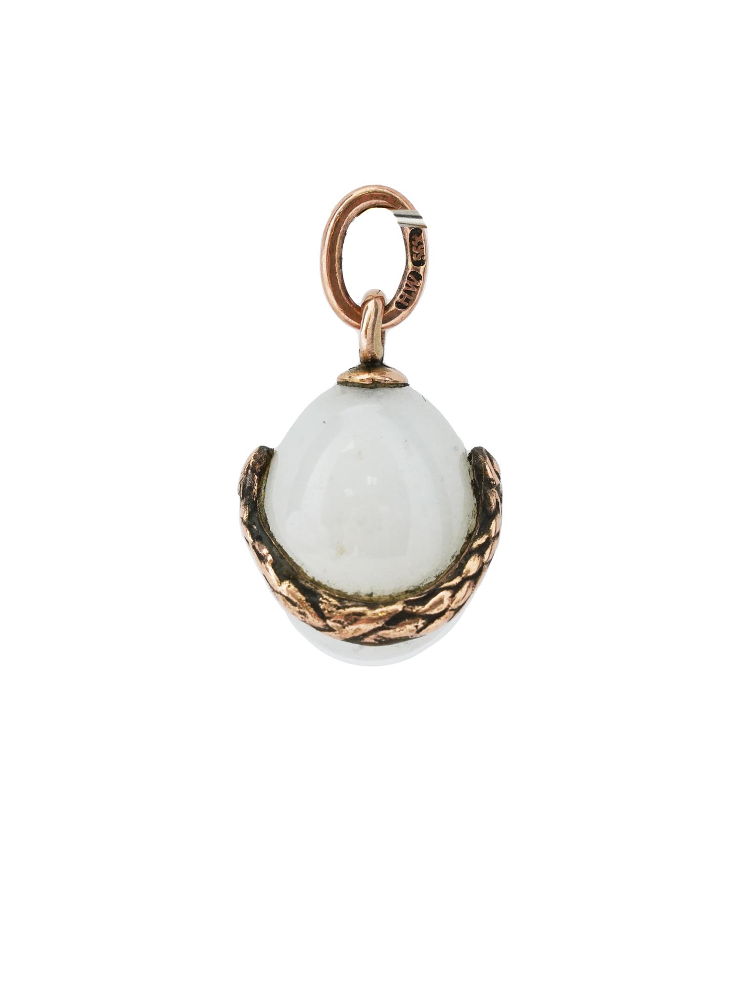 RUSSIAN GOLD AND WHITE JADE STONE EGG PENDANT PIC-1