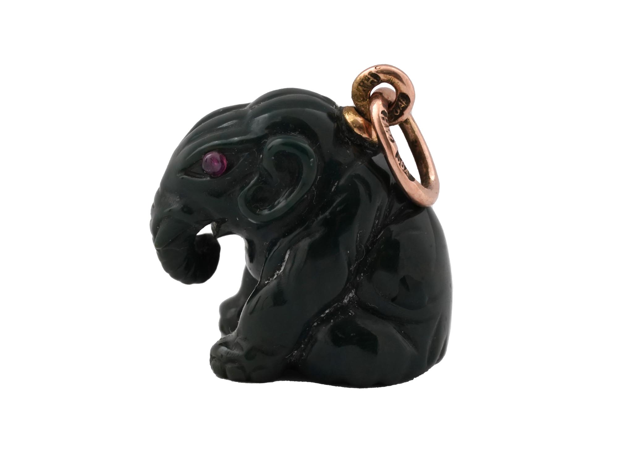 RUSSIAN GOLD CARVED BLACK JADE ELEPHANT PENDANT PIC-0