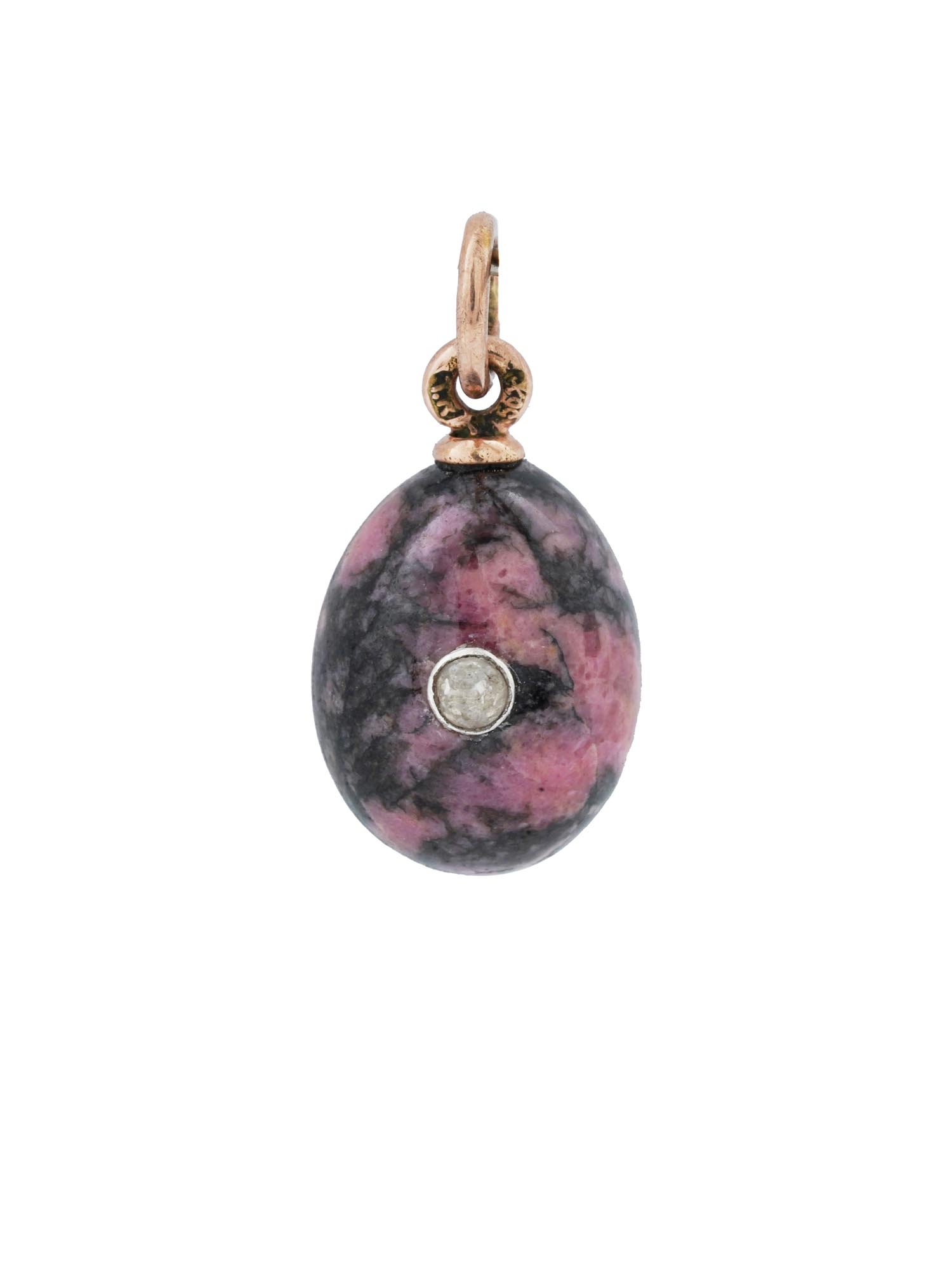 RUSSIAN 14K GOLD RHODONITE DIAMOND EGG PENDANT PIC-0