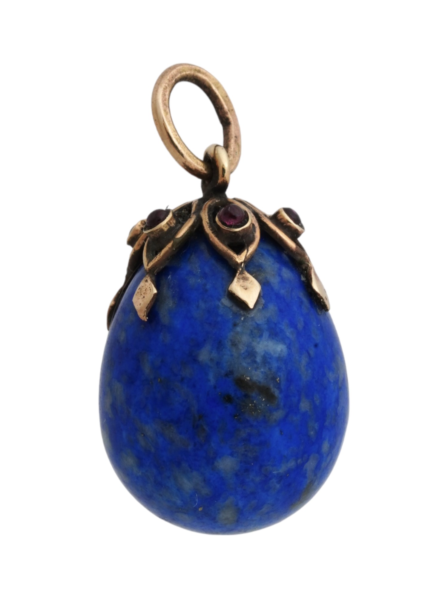 RUSSIAN 14K GOLD LAPIS LAZULI RUBY STONE EGG PENDANT PIC-0