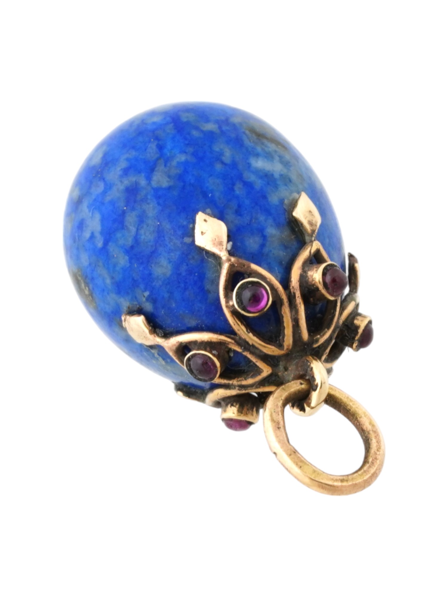 RUSSIAN 14K GOLD LAPIS LAZULI RUBY STONE EGG PENDANT PIC-1