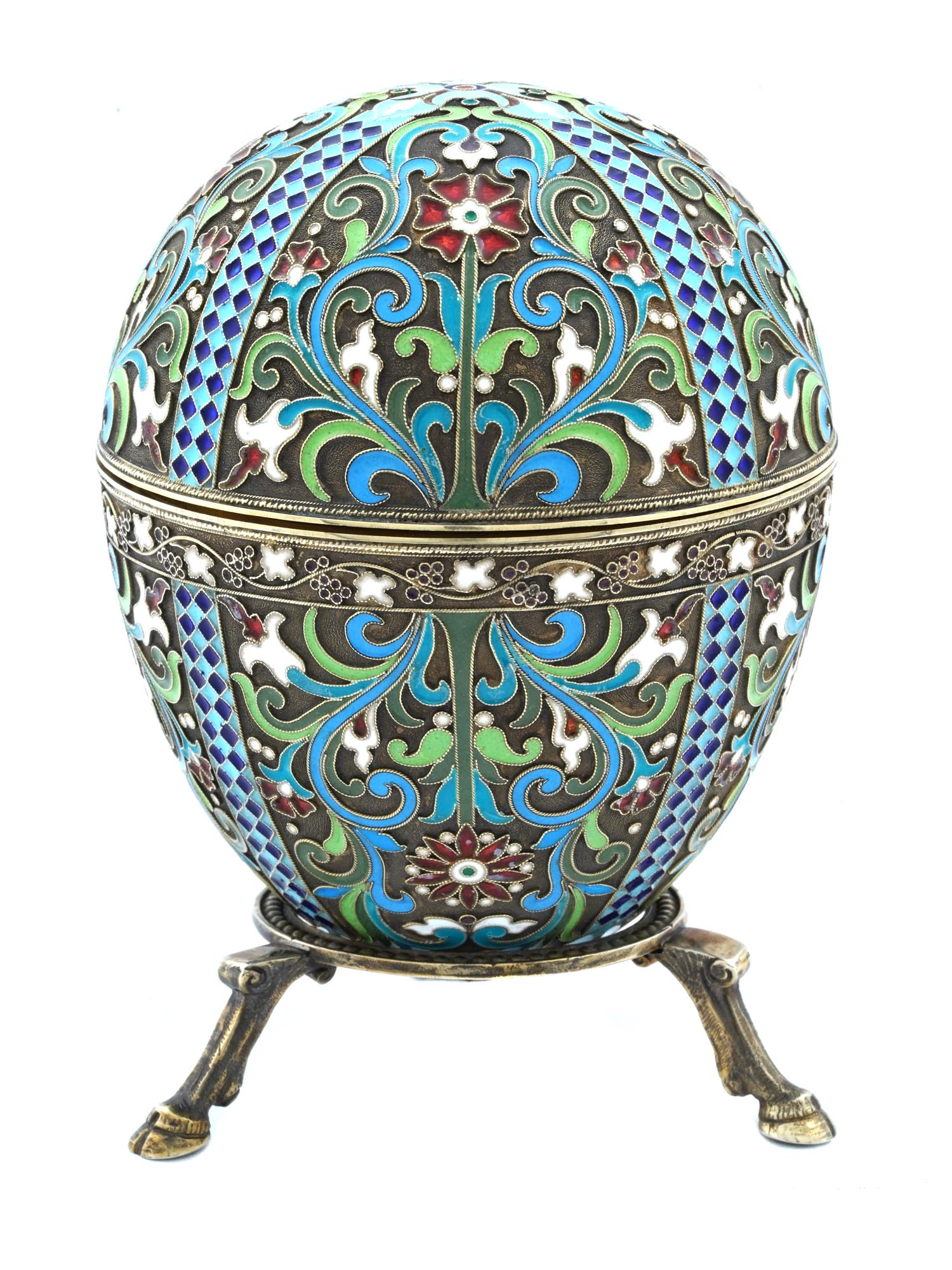 EXTRA LARGE RUSSIAN SILVER ENAMEL EGG CASE W STAND PIC-0