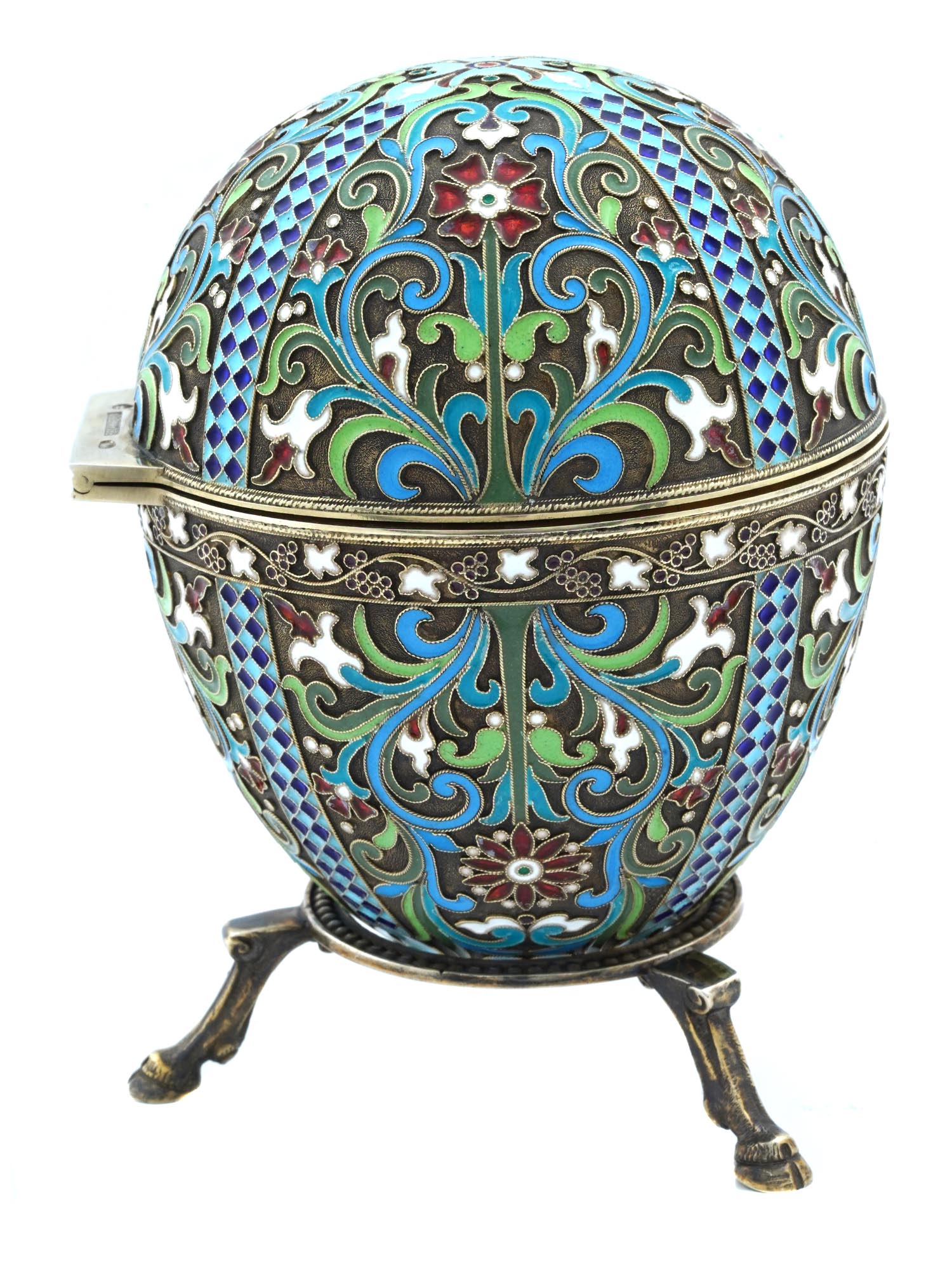 EXTRA LARGE RUSSIAN SILVER ENAMEL EGG CASE W STAND PIC-1