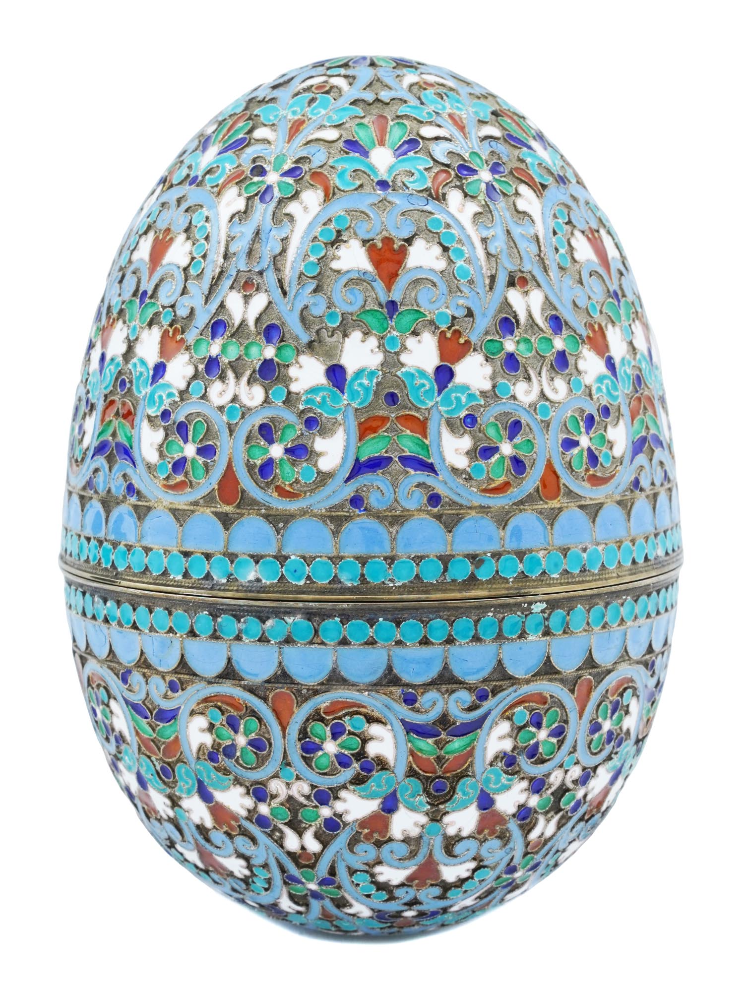 LARGE RUSSIAN SILVER CLOISONNE ENAMEL EGG CASKET PIC-1