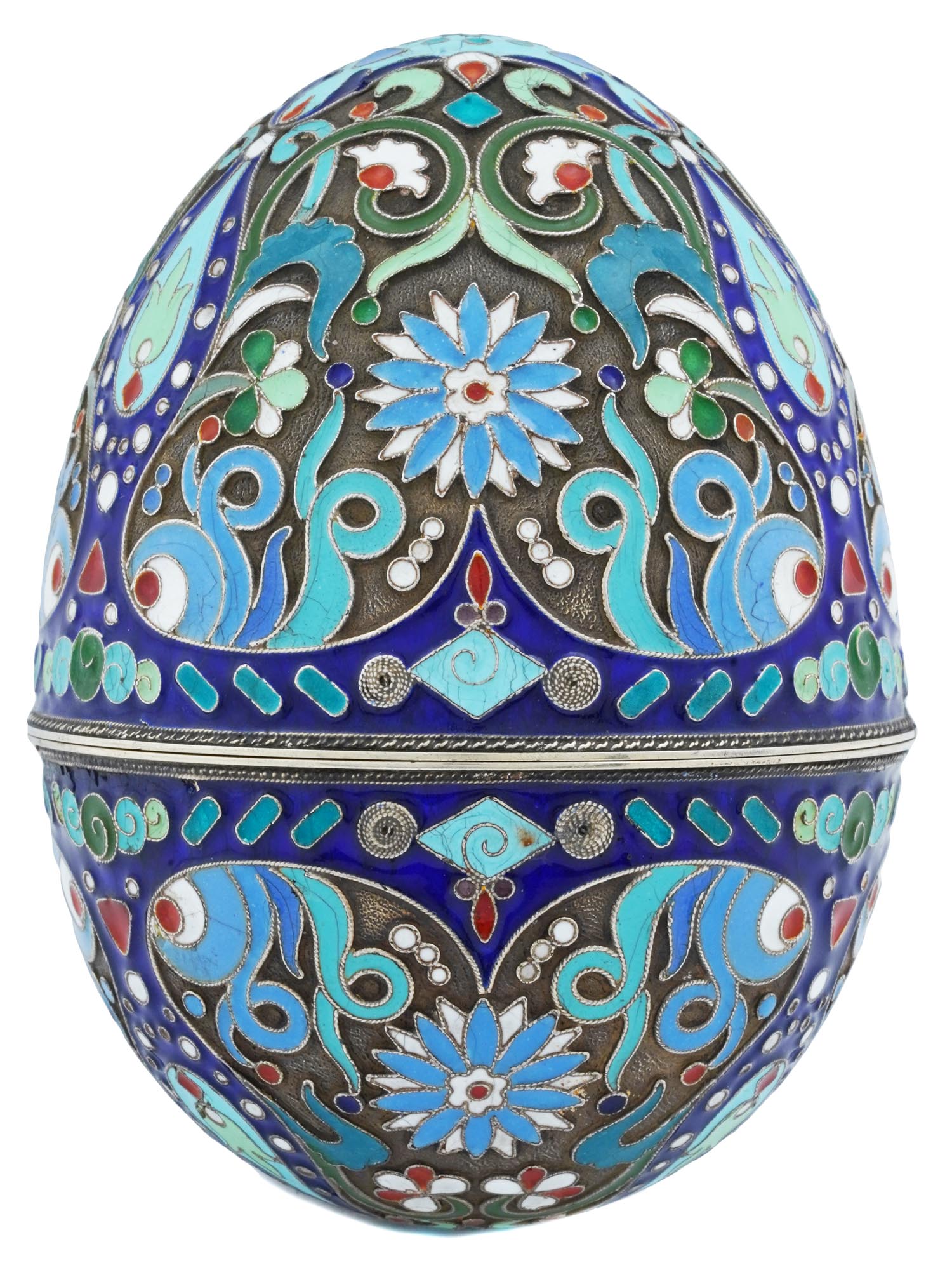 LARGE RUSSIAN SILVER CLOISONNE ENAMEL EGG CASKET PIC-1