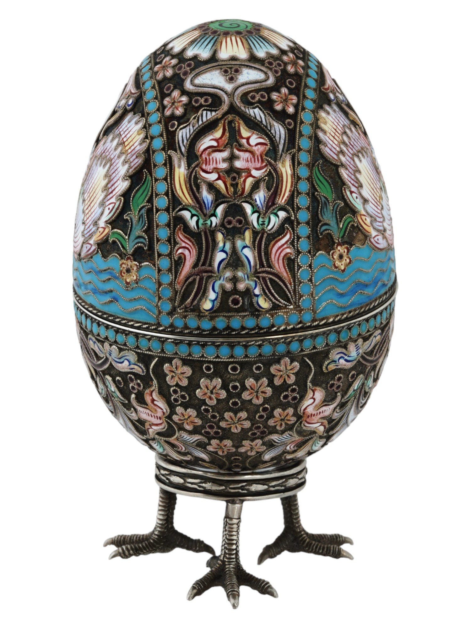 LARGE RUSSIAN SILVER ENAMEL EGG CASKET WITH STAND PIC-1