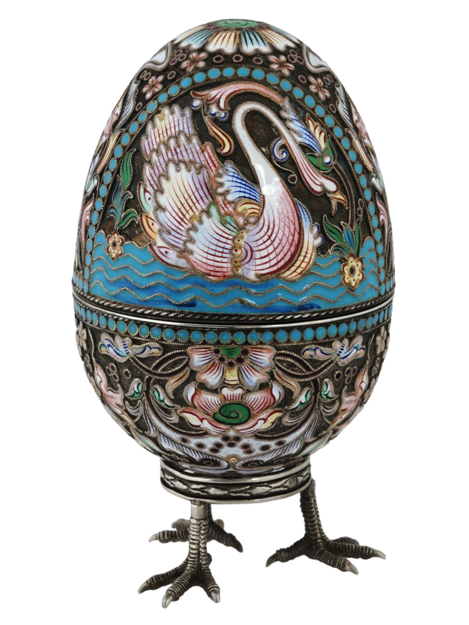 LARGE RUSSIAN SILVER ENAMEL EGG CASKET WITH STAND PIC-0