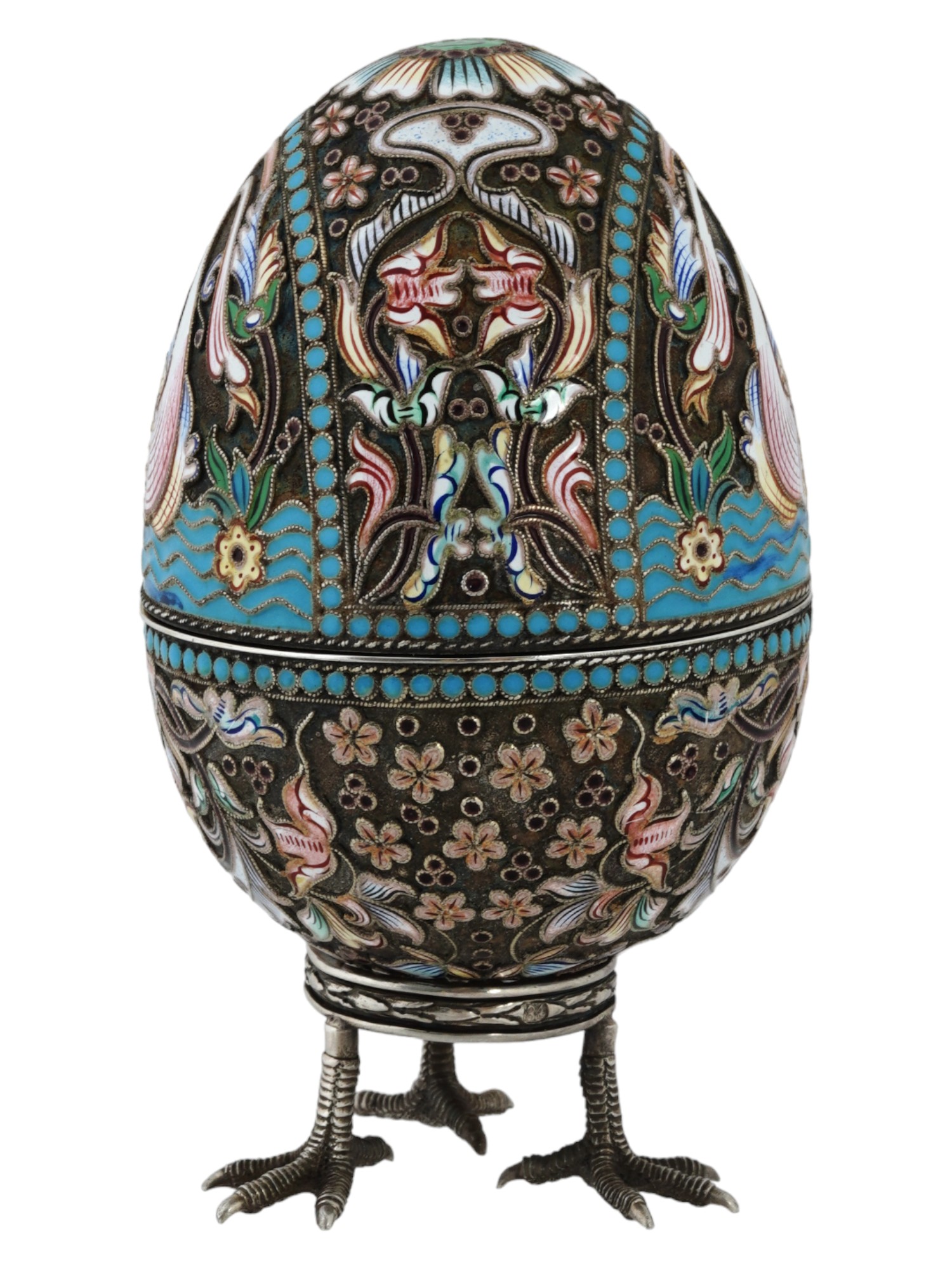 LARGE RUSSIAN SILVER ENAMEL EGG CASKET WITH STAND PIC-2