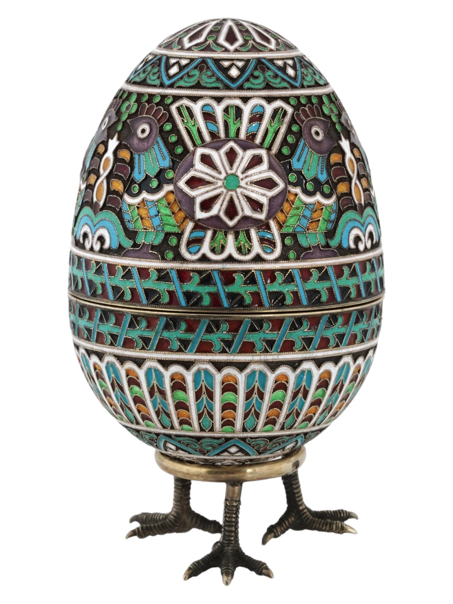 LARGE RUSSIAN 84 SILVER ENAMEL CHICKEN EASTER EGG PIC-1