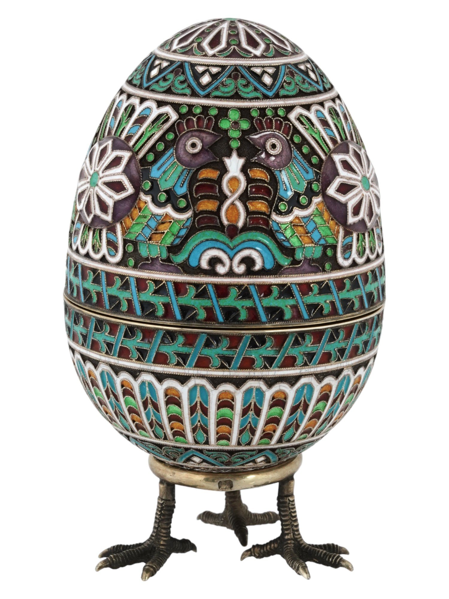 LARGE RUSSIAN 84 SILVER ENAMEL CHICKEN EASTER EGG PIC-0