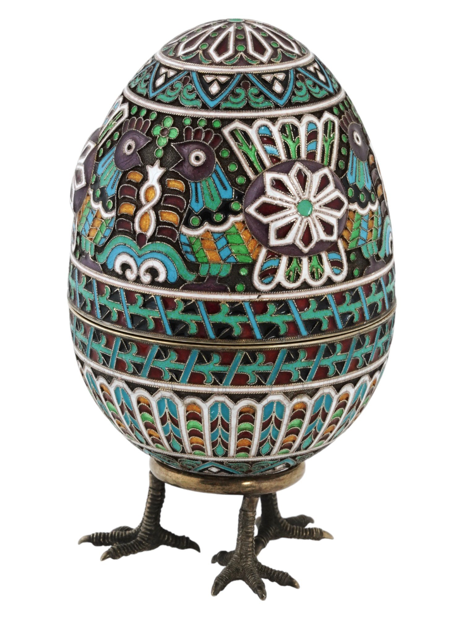 LARGE RUSSIAN 84 SILVER ENAMEL CHICKEN EASTER EGG PIC-2