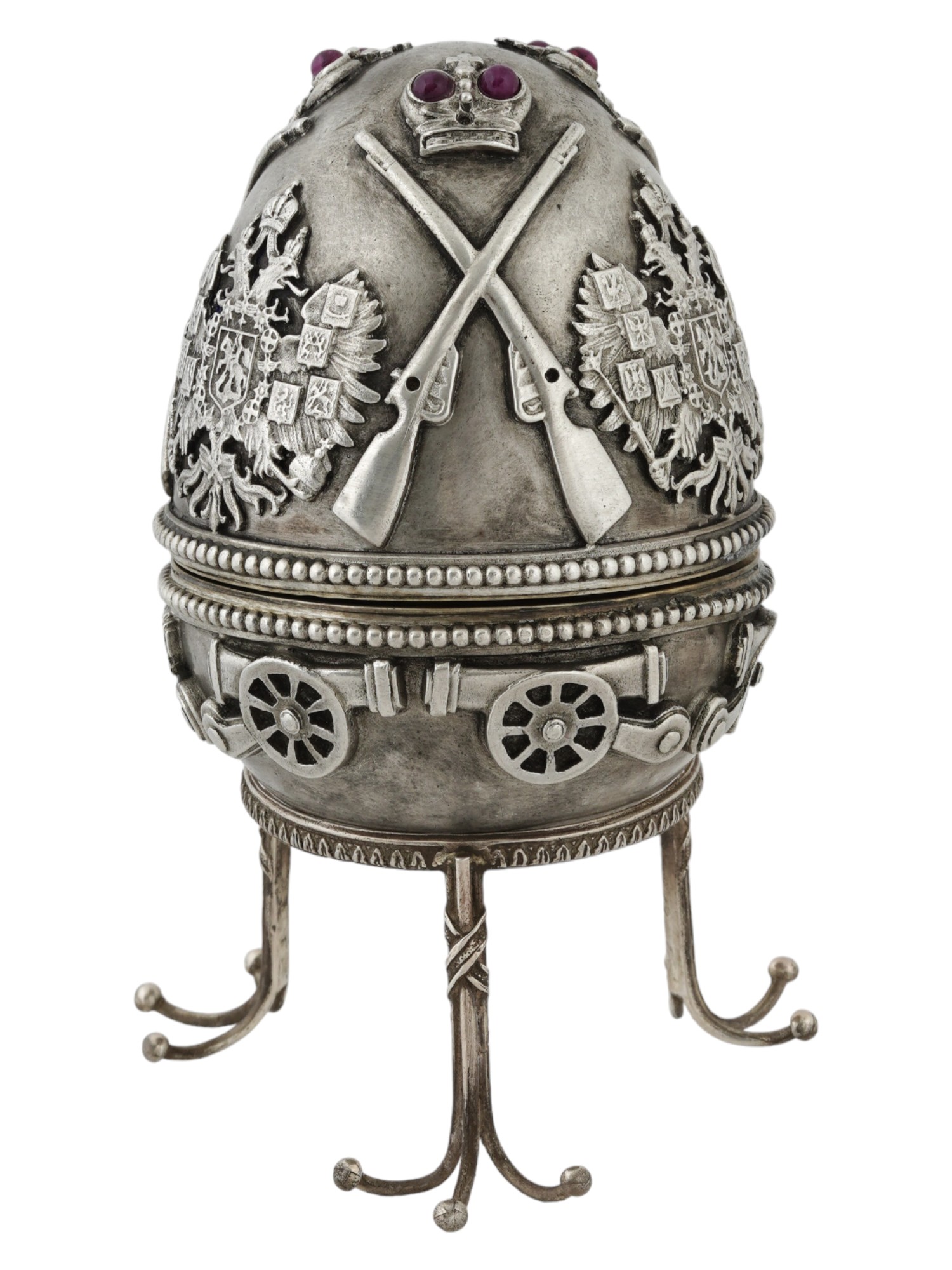 LARGE RUSSIAN SILVER EASTER EGG WITH MILITARY SYMBOLS PIC-1